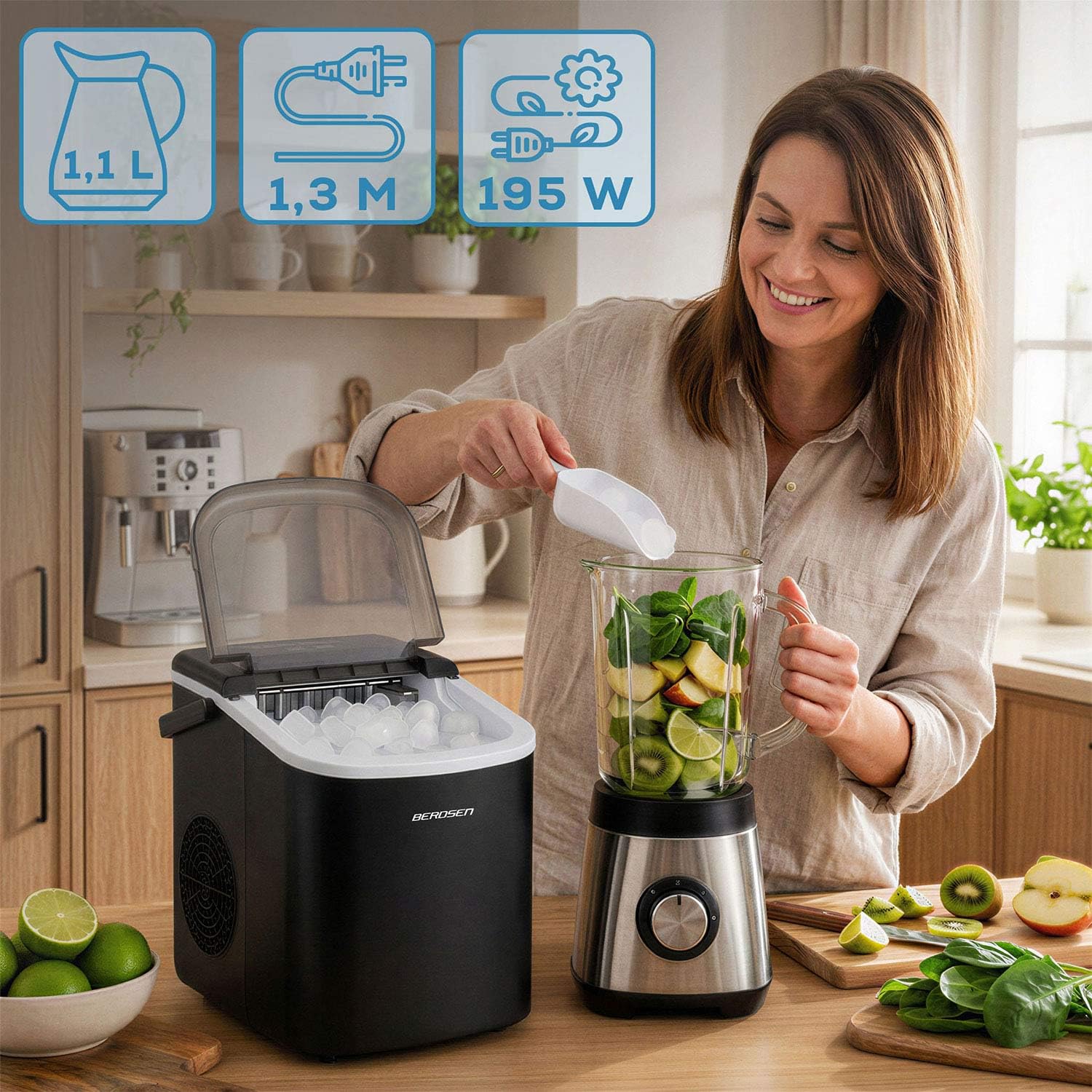 Berdsen Máquina de cubitos de hielo 12 kg/24 h – 9 cubitos de hielo en 6 – 8 minutos – Máquina para cubitos de hielo con 2 tamaños S y L – Compacta para cócteles, bebidas y bebidas – Autolimpiable