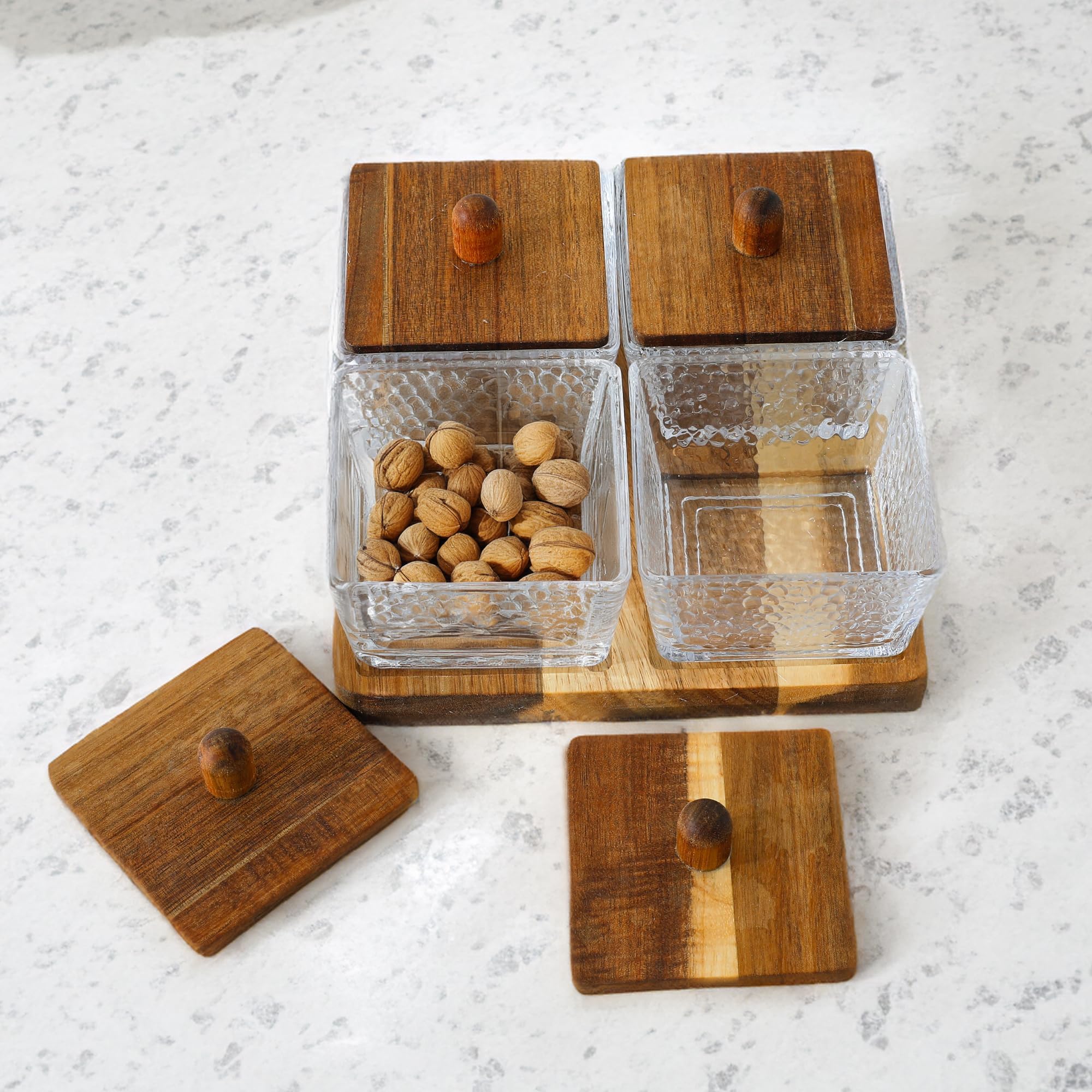 Kuber Industries Set of 4 (180ml each) Square Glass Jars for Kitchen With Acacia Wooden Lid & Tray | Air Tight Masala Container & Daba Set for Dry Fruit | Transparent-ST10176