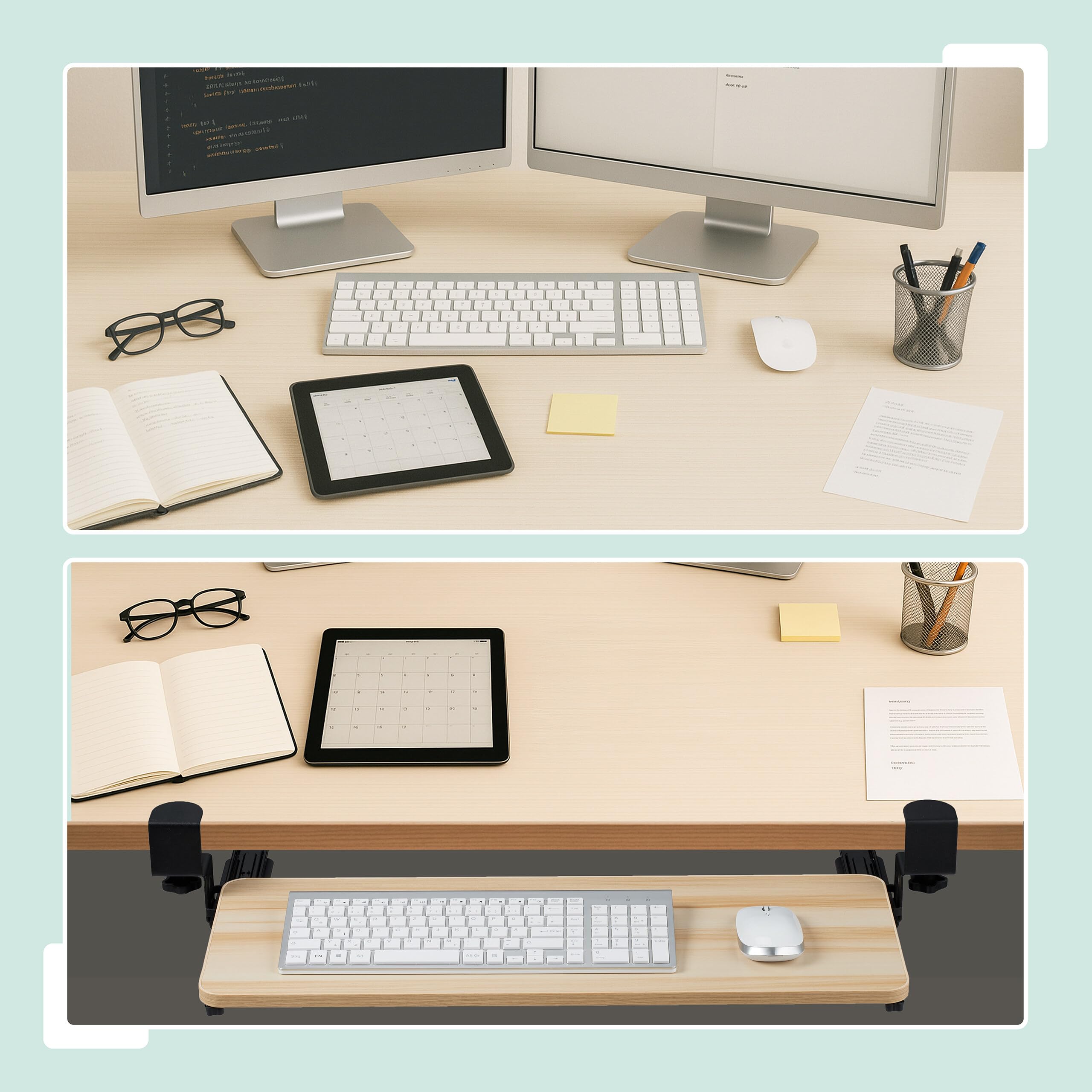 Relaxdays Extensor Escritorio, 65 x 24 cm, Plegable, con Pinzas, Bandeja Teclado Ergonómica, Efecto Madera, Natural