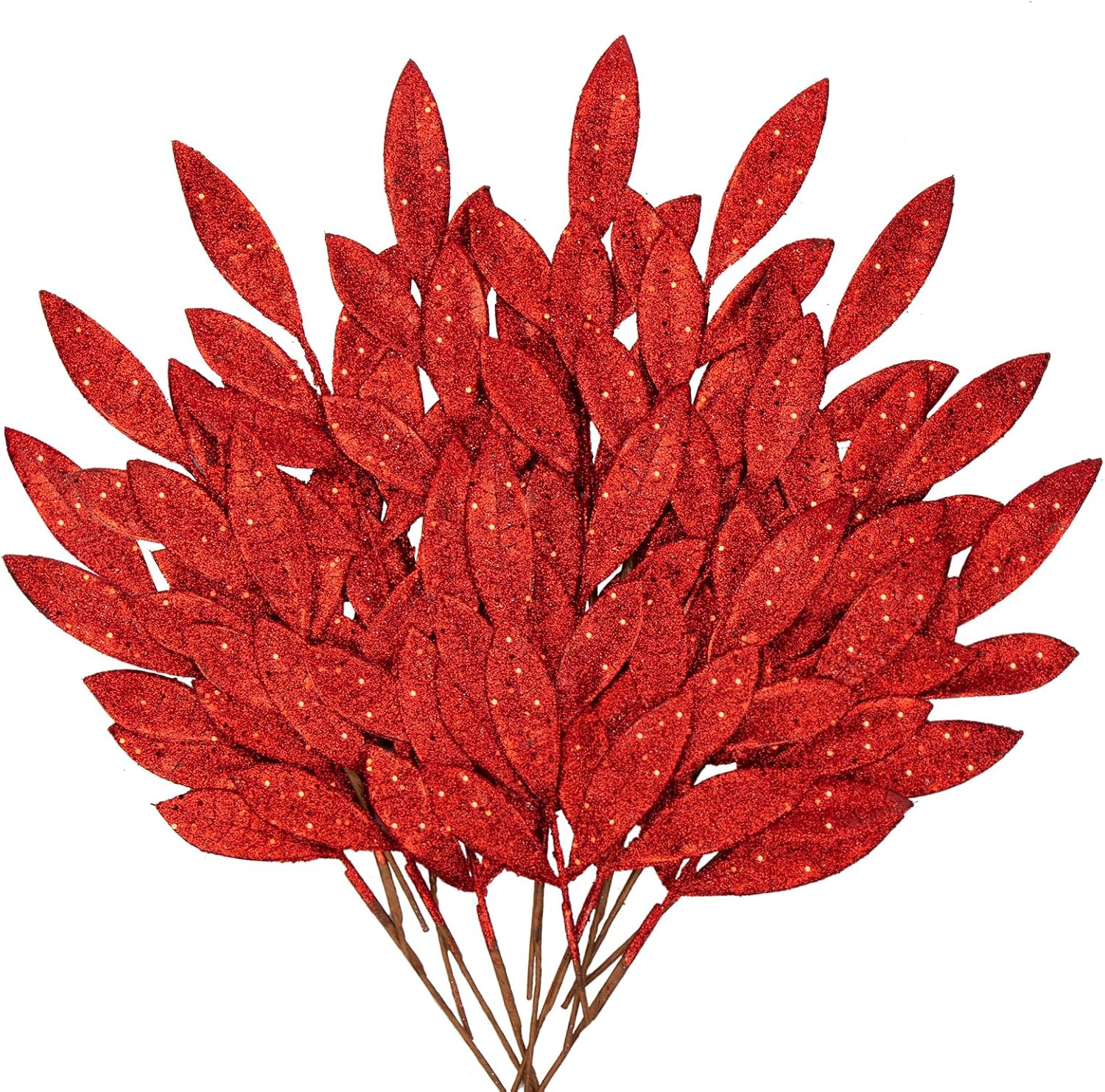 DILATATA 20 Pcs Christmas Glitter Bay Leaves 11" Red Artificial Glitter Leaf Spray