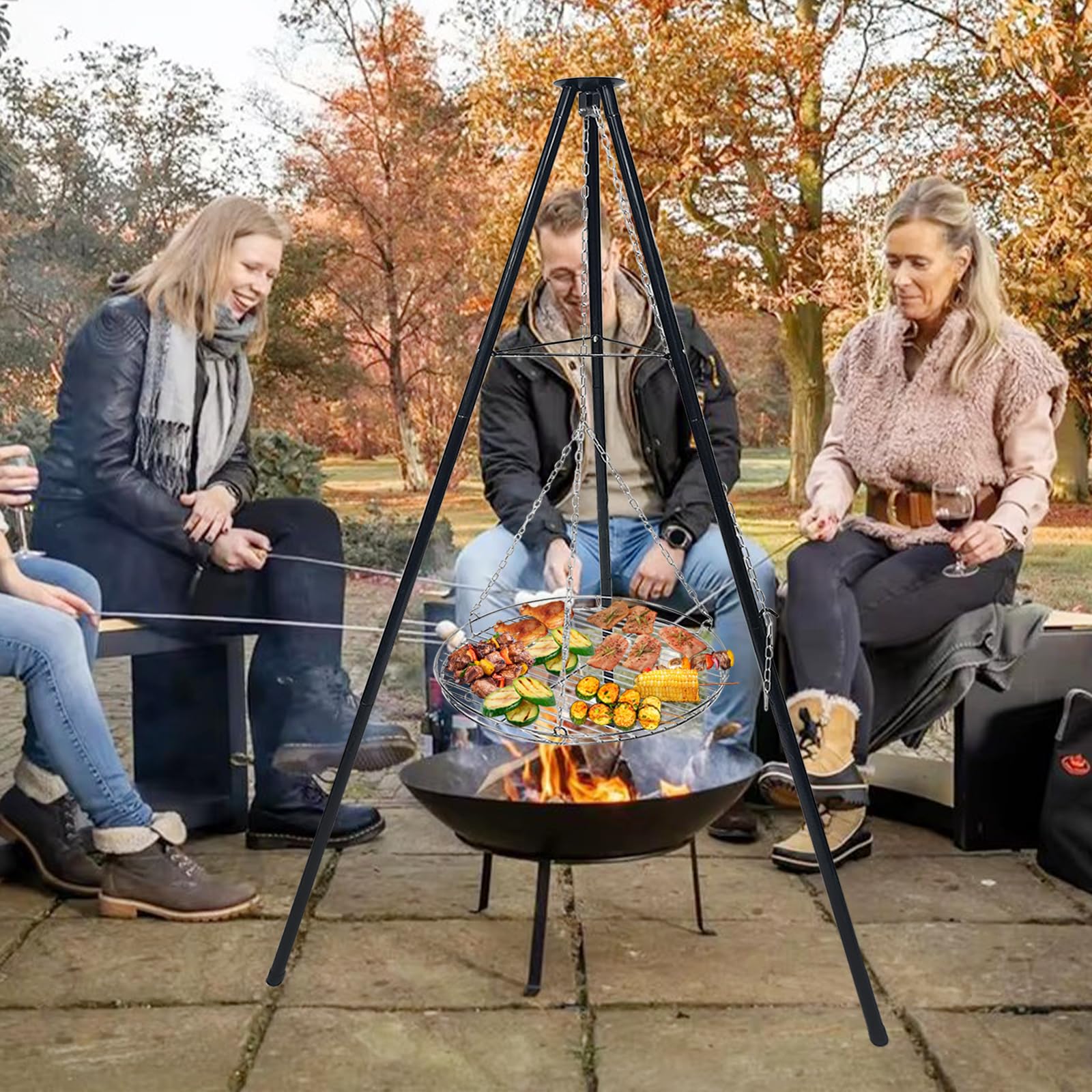 Grille de barbecue avec grille, espacement des barres, tourbillons de corde, trépied télescopique, support de barbecue, cuisson en plein air, kit de trépied pliable, feu de camp, grande surface de