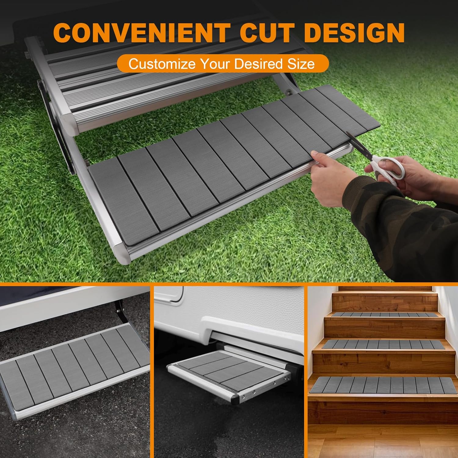 RV Step Covers 4 Pack, EVA Foam RV Stair Covers 24 x 7.5 inches, Non-Slip Trimmable Self Adhesive Camper Step Covers RV Step Carpet Rug for Trailers, Camper, RV, Gray