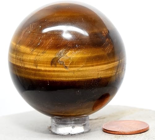 Esfera de ojo de tigre amarillo dorado de 1.929 in, bola mineral chatoyant natural, ojo de halcón, piedra decorativa pulida, África + soporte