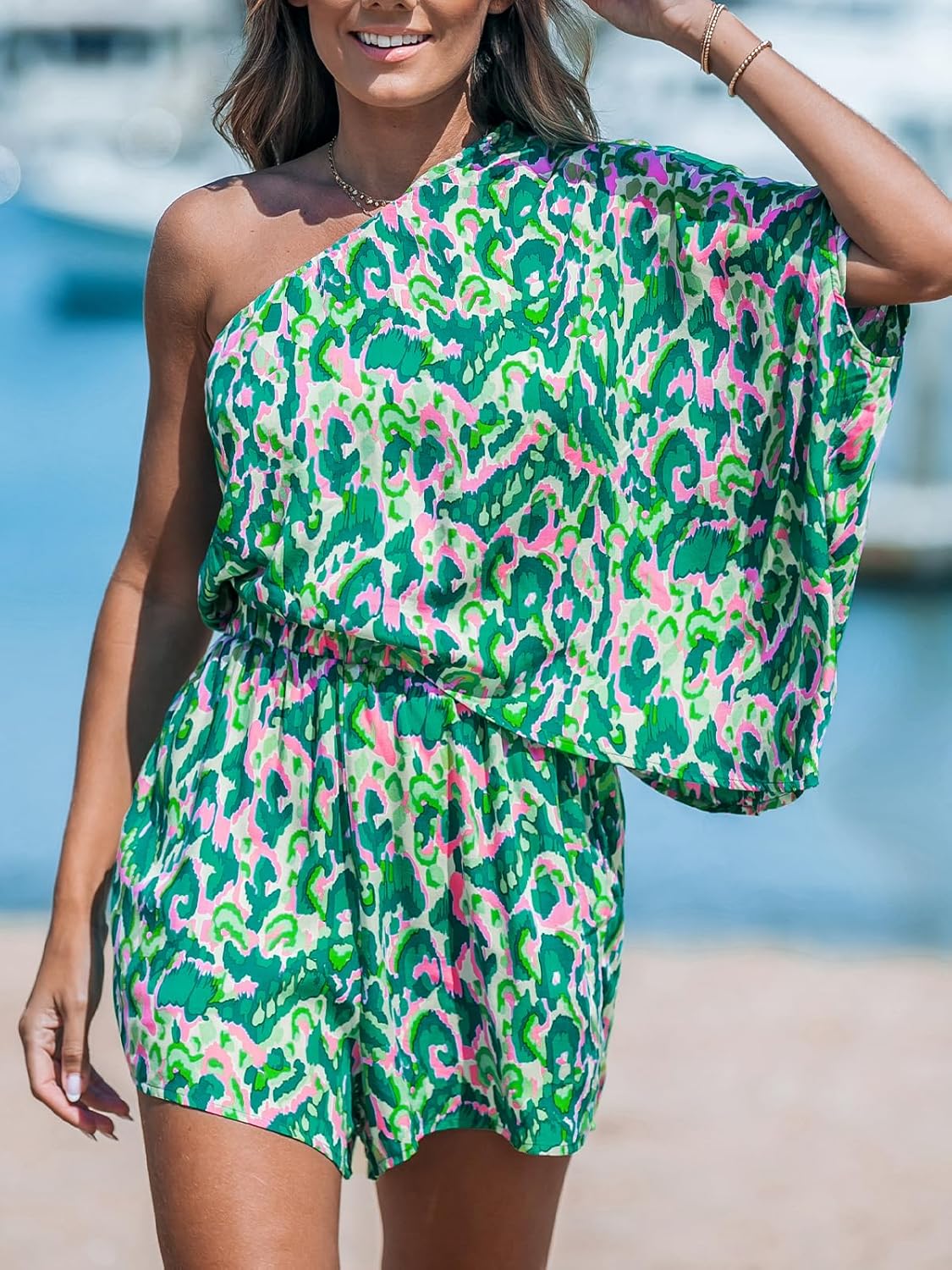 CUPSHE Women's One Shoulder Romper 3/4 Sleeve Wide Leg Mini Jumpsuit Short Draped Bodice Romper Casual Summer Loose Outfit - Image 6