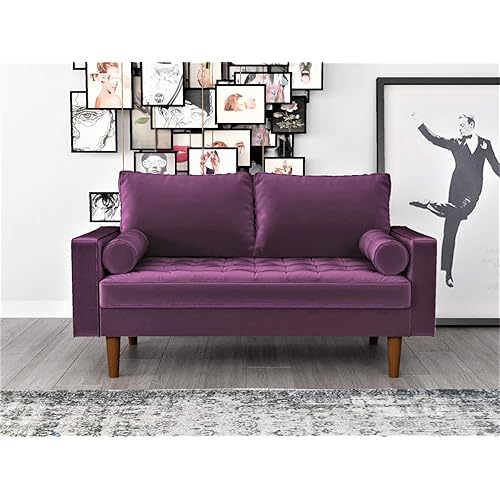 Container Furniture Direct Womble Mid Century Modern Velvet Upholstered Tufted Seat with Bolster Pillows, Loveseat, Ruby