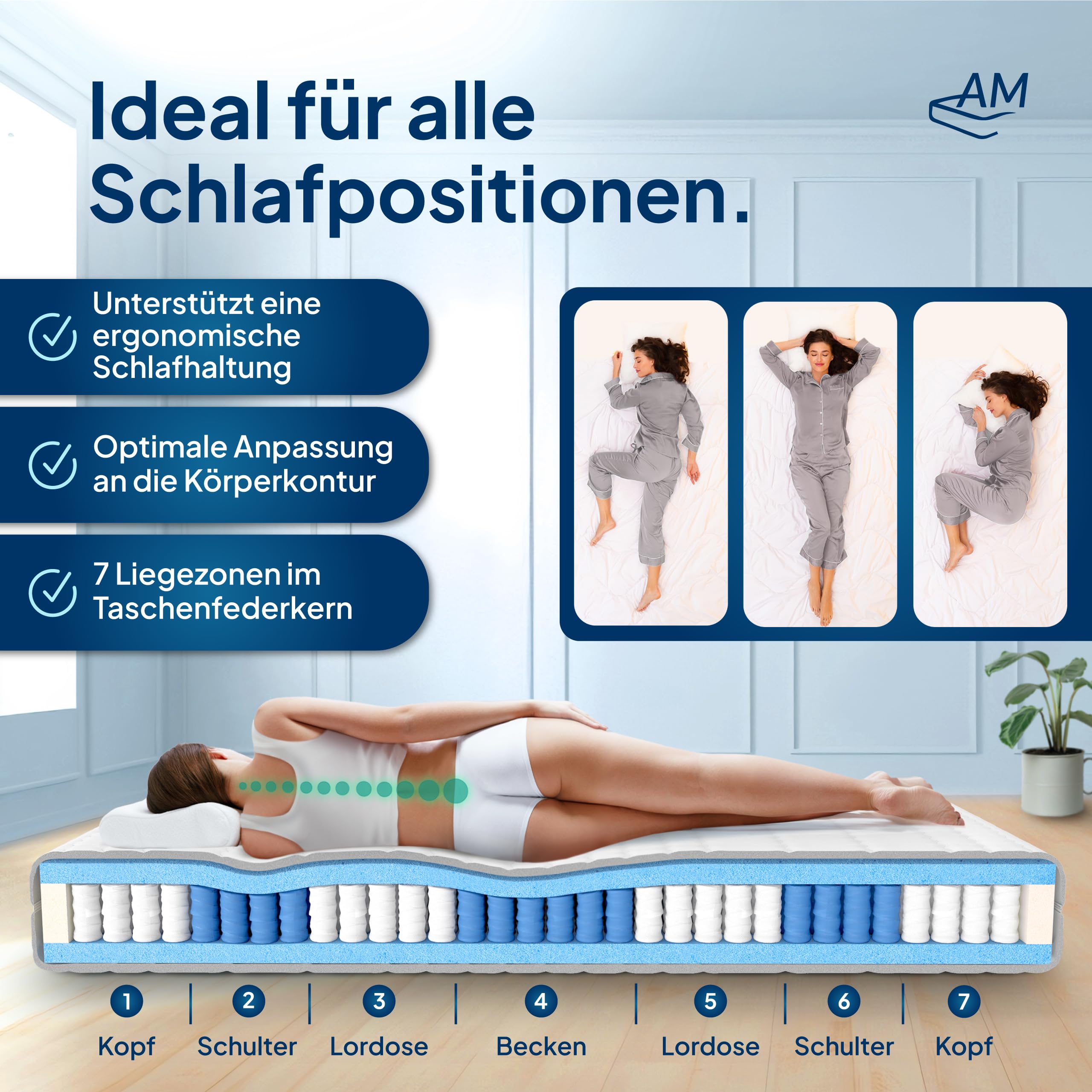 AM Qualitätsmatratzen Premium Taschenfederkernmatratze 90x200cm H3 24cm - Made in Germany & Oeko TEX Siegel - 7 Zonen Federkernmatratze 90x200 mit Lyocell Bezug - Ergonomische Matratze 90x200 H3
