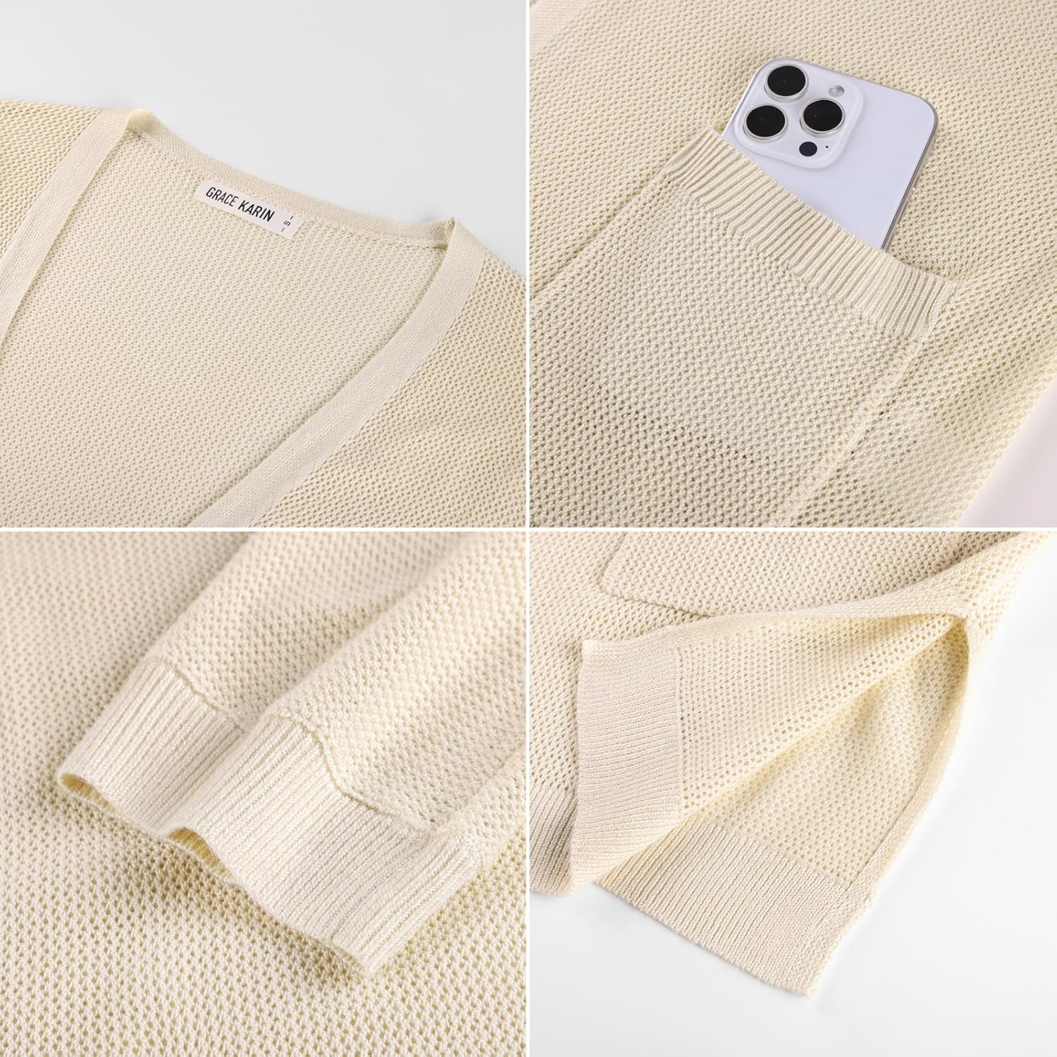 GRACE KARIN Womens 2026 Summer Lightweight Cardigans 3/4 Sleeve Crochet Kimonos Open Front Beach Cover Ups with Pockets - Image 7