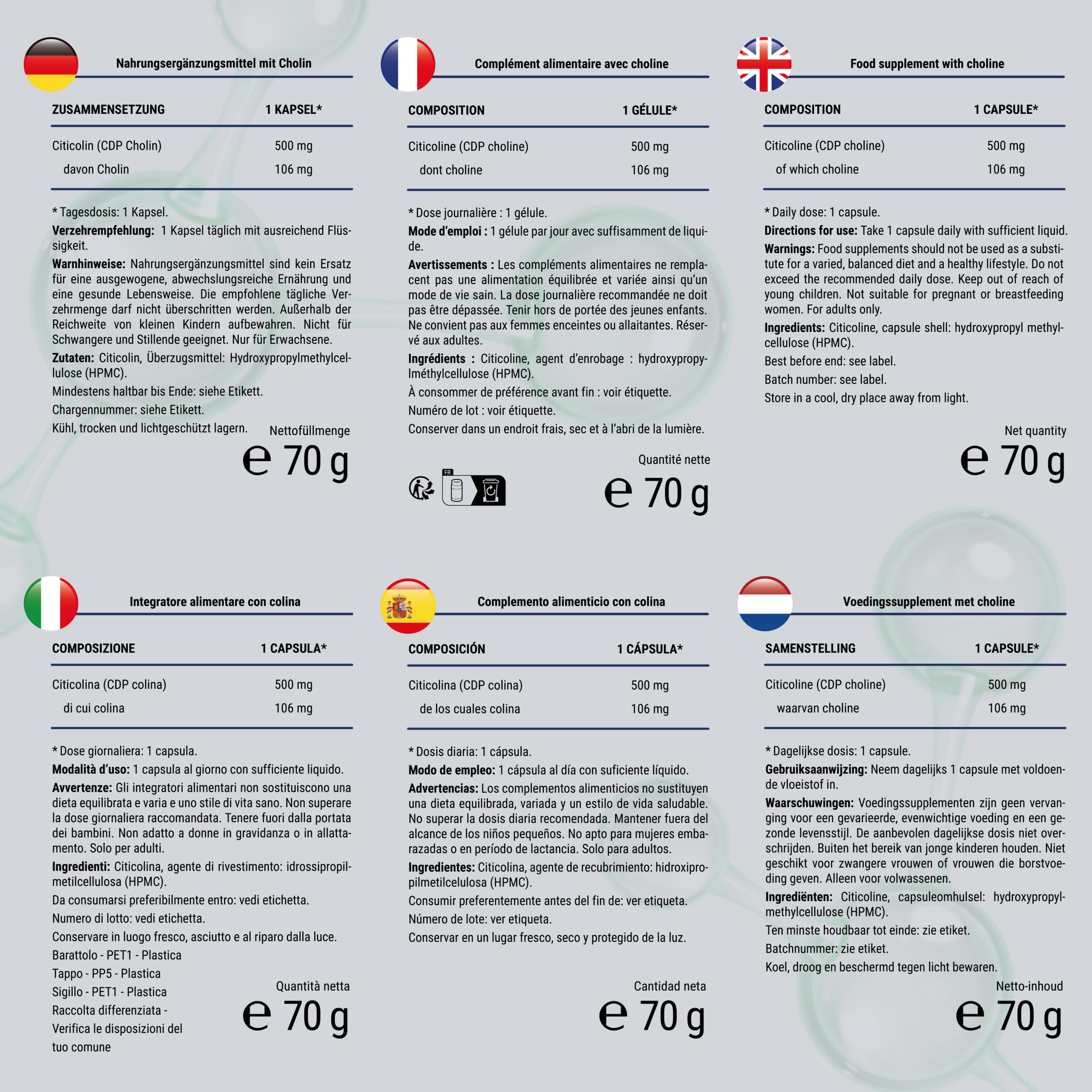 CDP-Choline (Citicoline) 500 mg - Cure de 4 Mois, 1 Gélule par Jour - Forme Bioactive de Choline - 120 Gélules de Citicoline - Sans OGM, Sans Additifs, Végan, Testé en Laboratoire