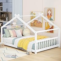 Vista 1 de Camas de madera Montessori tamaño matrimonial, cama de plataforma para niños con cabecero y estribo, no necesita somier (blanco)