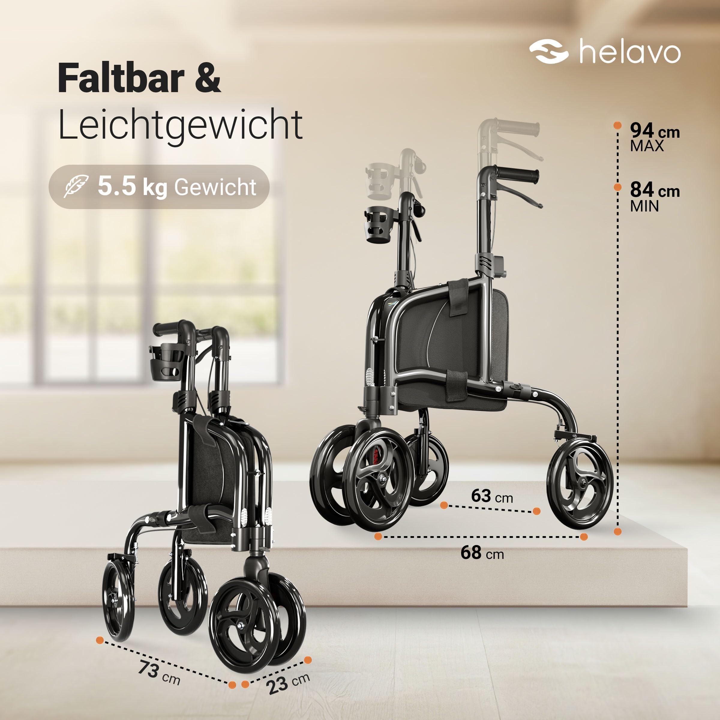 Helavo Rollator mit 3 Rädern - 5,5 kg leicht - Für Wohnung & Draußen | Aluminium-Dreiradrollator mit maximaler Stabilität dank doppeltem Vorderrad - Inkl Transporttasche - Höhenverstellbare Griffe