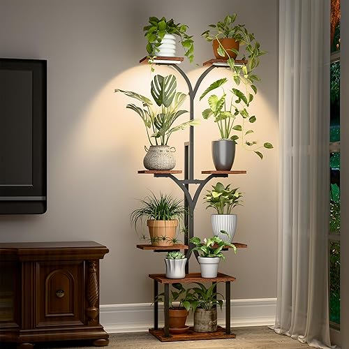 Soporte para plantas de interior con luces de crecimiento, estante de metal de 8 niveles, soporte alto de 58" para plantas de interior múltiples,