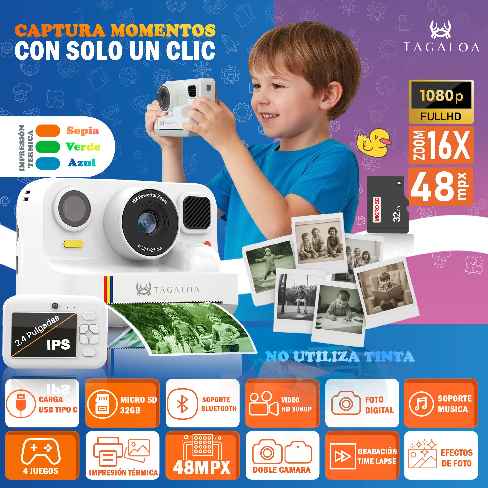 | TAGALOA® | Camara Fotos Infantil Instantaneas | 48MP con Impresión Térmica, Pantalla 2,4", Vídeo 1080P, Tarjeta SD 32GB y 3 Rollos Papel – Cámara Digital para Niños y Niñas de 3 a 12 Años (Blanco)