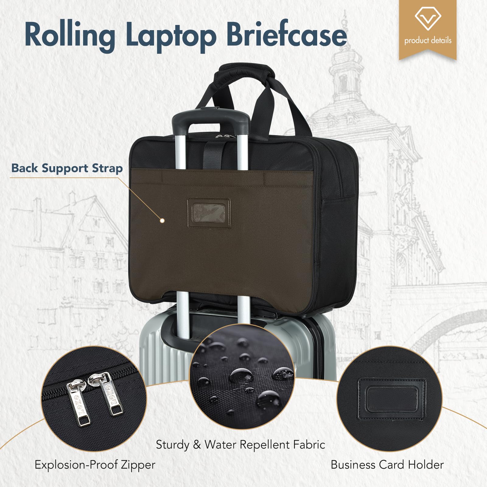 Maletín con Ruedas, Bolsa de Negocios con Cerradura TSA, Compartimento para Portátil, Bolso de Viaje Impermeable, Negro