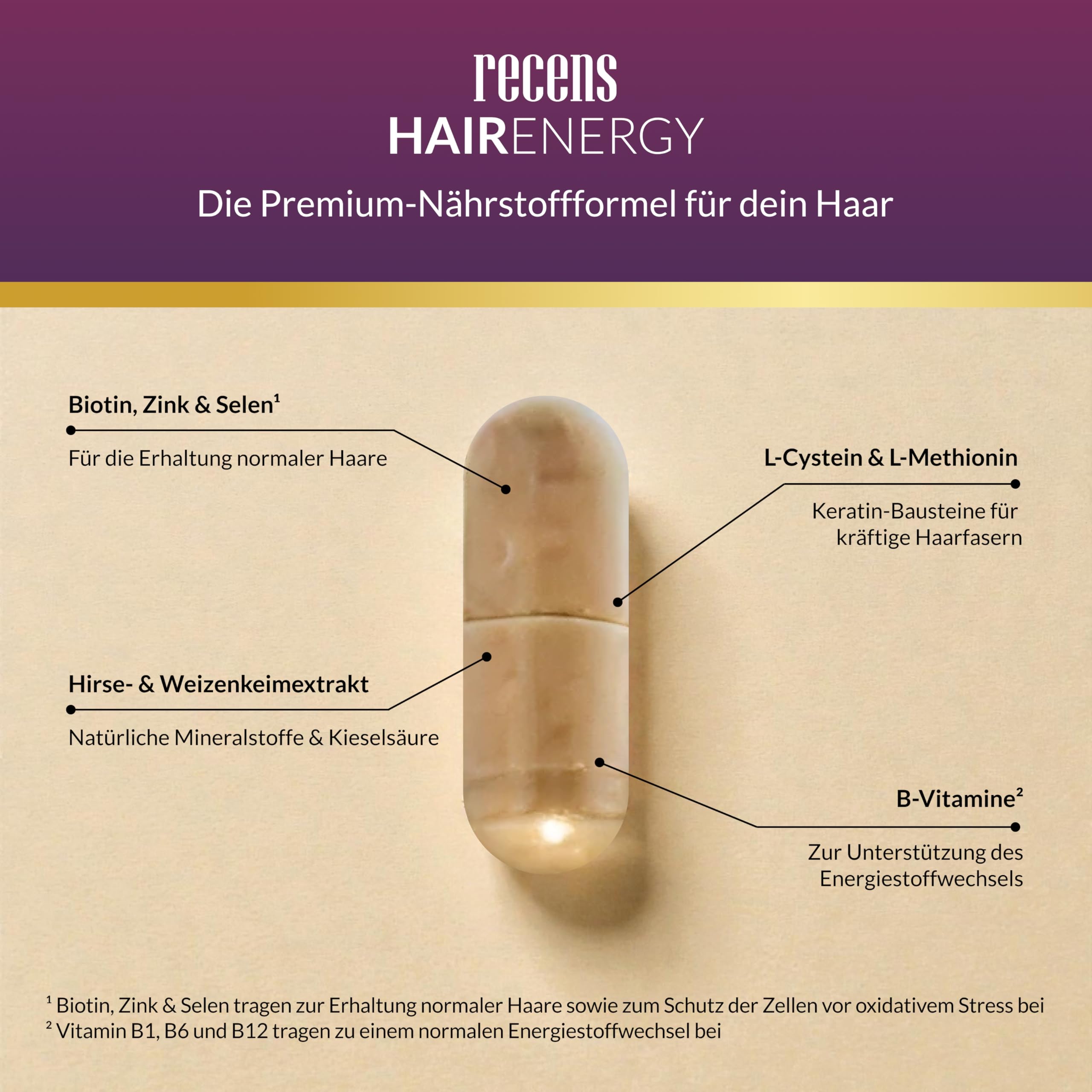 recens Hair Energy – Premium Haar-Vitamine mit Biotin, Zink, Selen, Aminosäuren & Pflanzenextrakten – Für die Erhaltung normaler Haare – vom Apotheker entwickelt – 180 Kapseln (3 Monate)