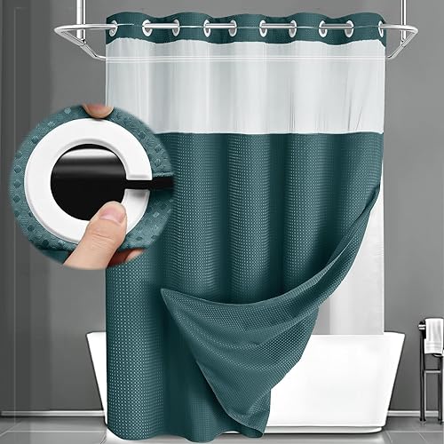 Miniatura 30 de Juego de cortina de ducha y forro sin gancho, cortina de ducha blanca de punto gofre con forro de 75 pulgadas de largo x 72 pulgadas de ancho Blanco