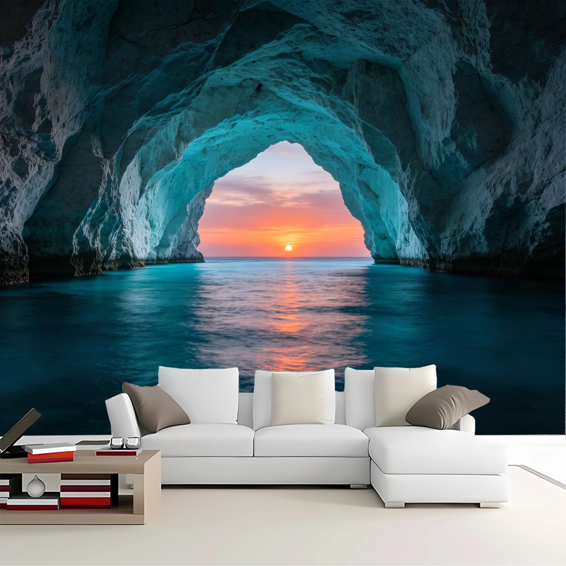 Custom Size Wall Mural Cave View Ocean Sunset Removable Self Adhesive Peel and Stick Wallpaper for Bedroom Living Room Dining Room