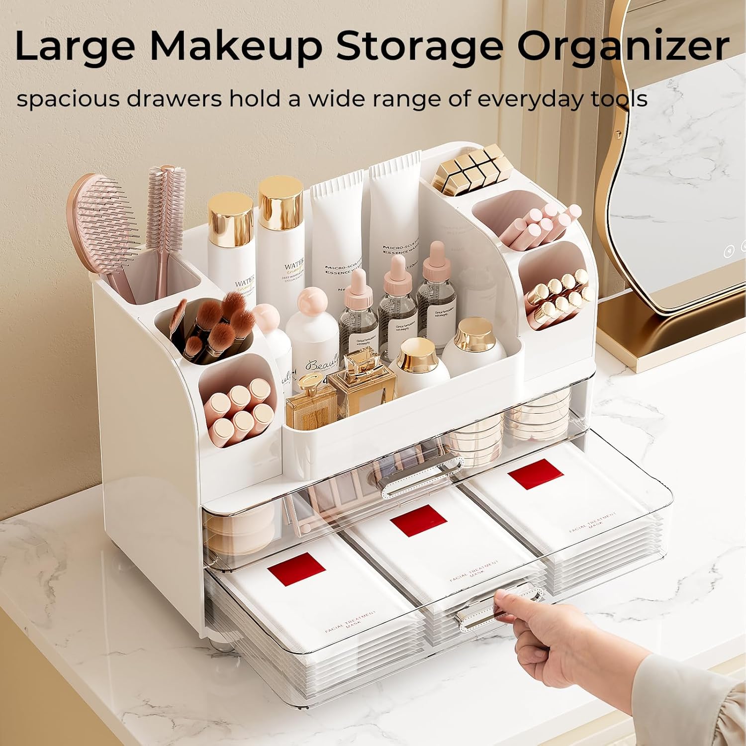 Makeup Organizer for Vanity with 2 Large Drawers, Cosmetic Display Case with Brush Holders, Easy to Storage for Bathroom Countertop Skincare, Perfume, White - Image 3