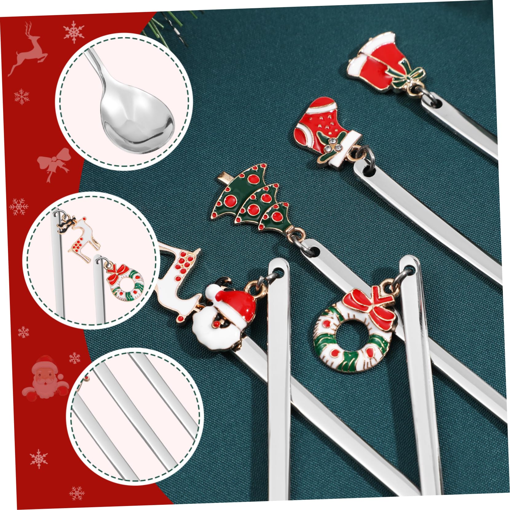 Cabilock Christmas Spoon Box Set with Santa Claus Pendant Stainless Steel Mixing Spoons for Xmas Party