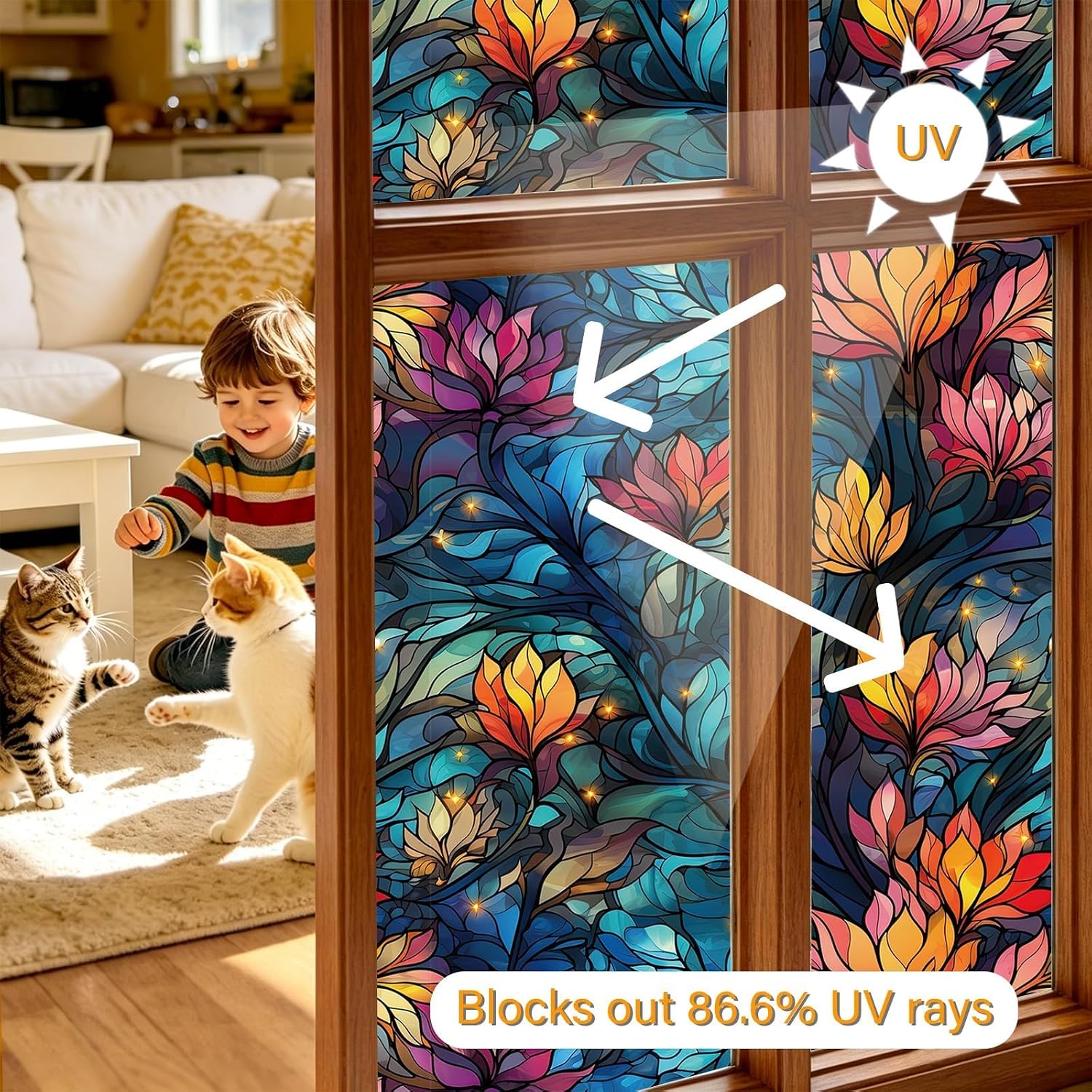 LaCheery Stained Glass Window Film Vintage Window Privacy Film Decorative Floral Films for Privacy 17.5"x78.7" Static Cling Stained Glass Windows Sticker Home UV Blocking Vinyl Colorful Flowers Decals