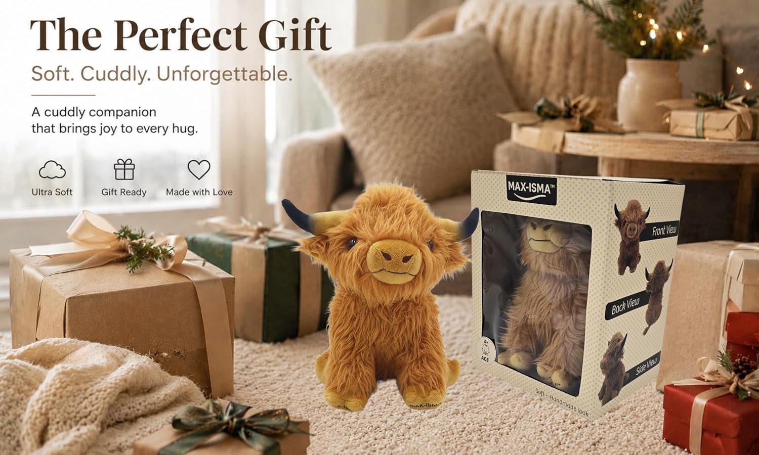Highland Cow Plush – Big Stuffed Animal for Kids – Cute Fluffy Brown Highland Cattle Plushie Toy – Soft Realistic Plush Gift for Girls & Boys