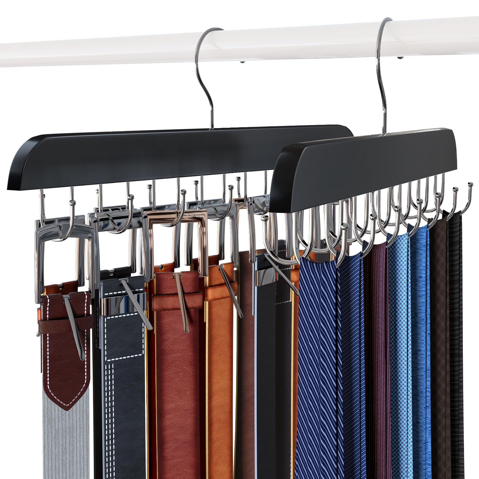 KERELEIME 2PCS Multi-Purpose Tie Rack,Belt Organizer,Belt Hanger for Closet Organizers and Storage with 14 Hooks,Tie Hanger Hook for Belt,Bra,Tank Top,Hat,Tie,Scarf,Purse,Necklace (Black)
