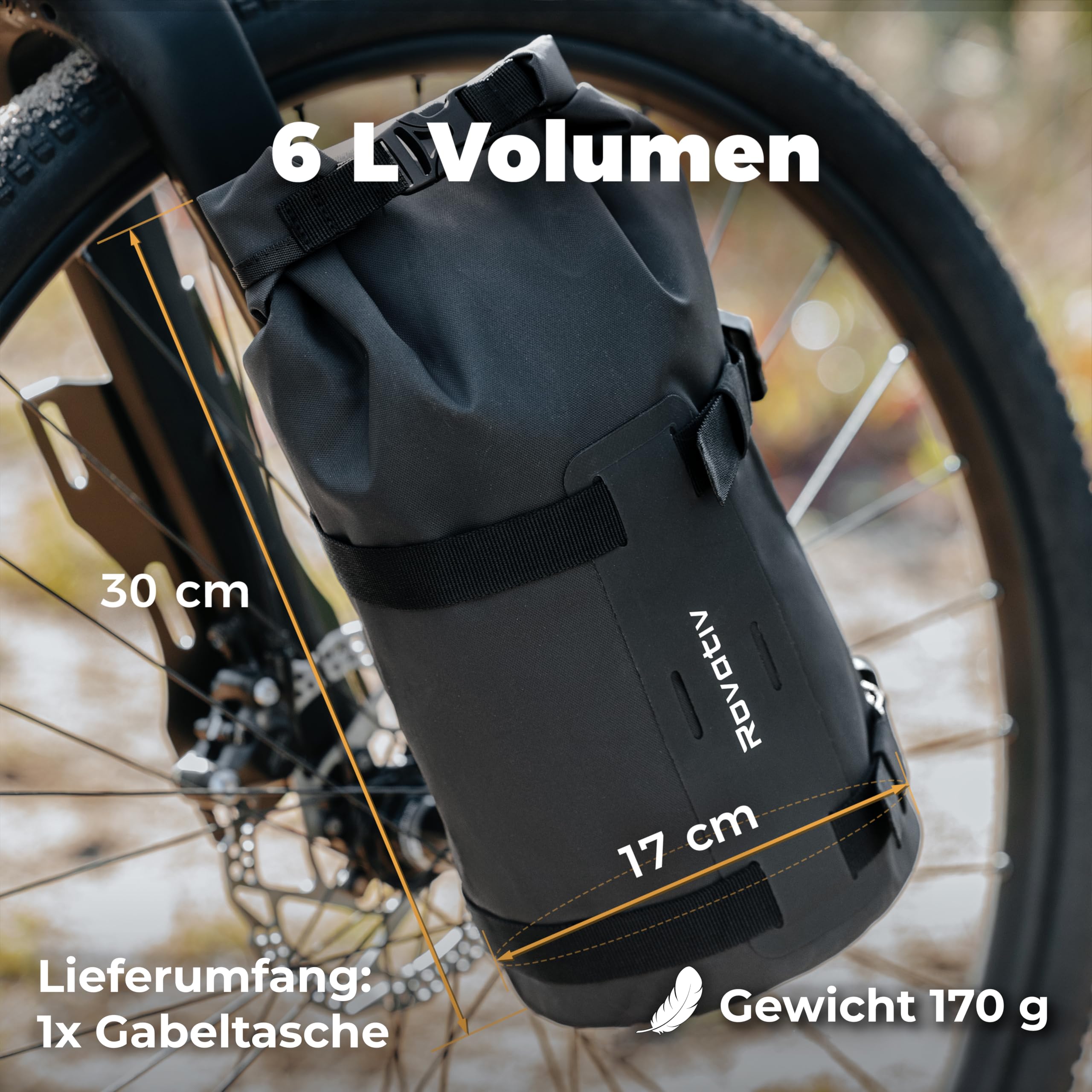 Rovativ® Bikepacking Gabeltasche [6 Liter] 100% Wasserdicht - Fahrrad Gabeltasche - Dry Bag für Gravel Bike Rennrad und MTB