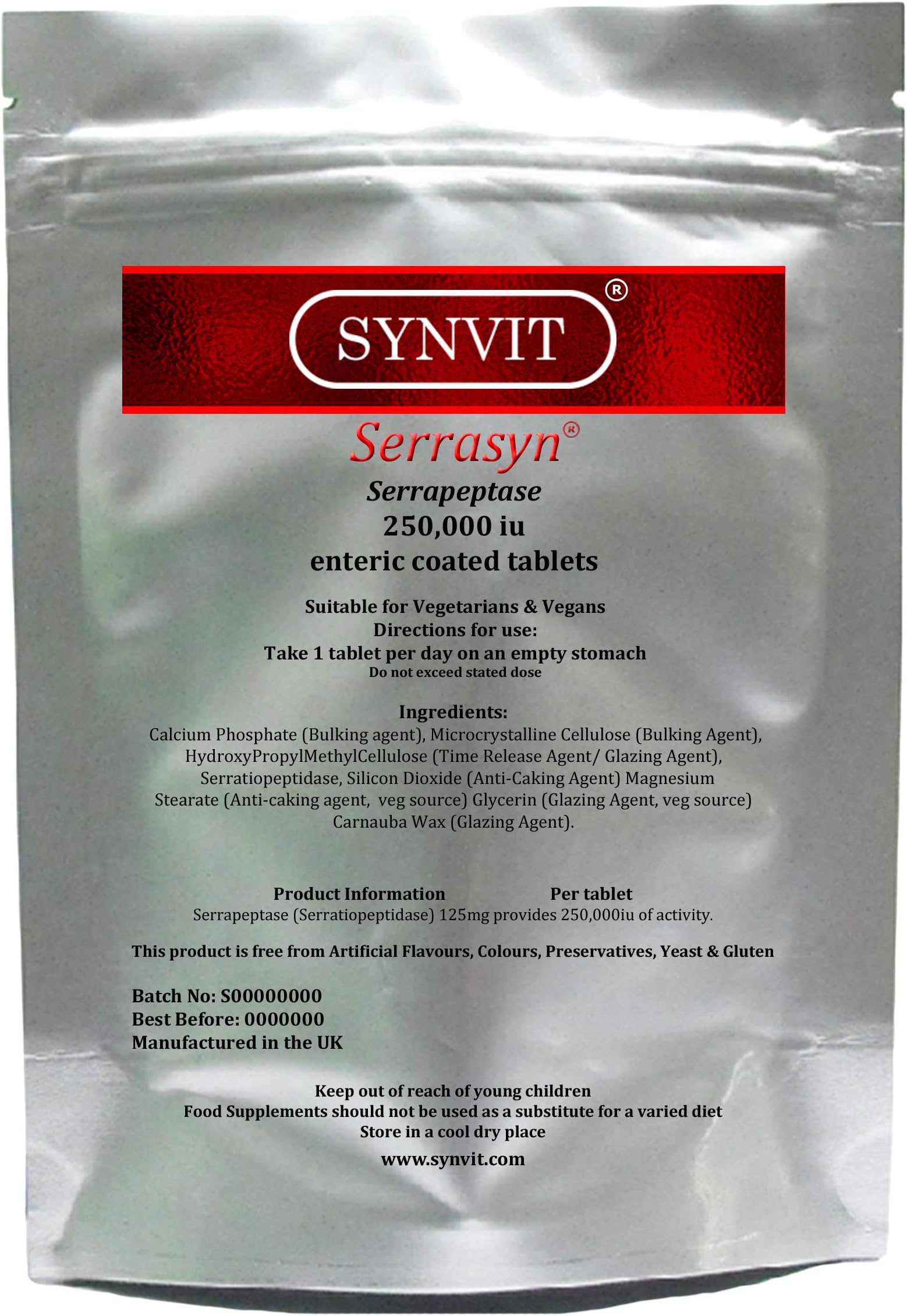 Serrapeptase 250,000 I.U, x 120 tabs foil Pack - Serrasyn®