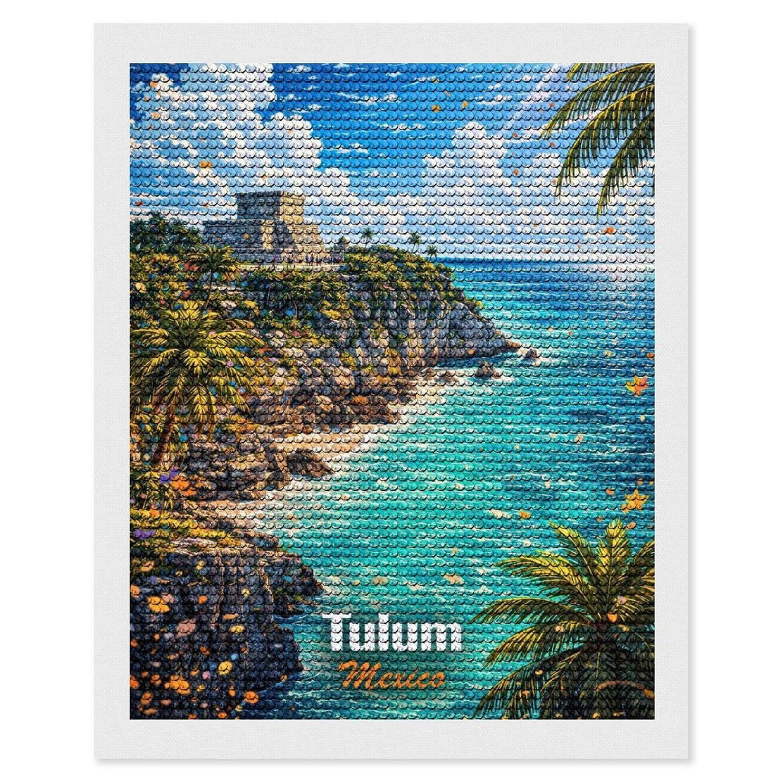 Junmoney Tulum Mexico Coastal Ruins Round Drill Diamond Painting 16"x20", for Craft Lovers, Stress Relief Craft, Bedroom Decor, Festive Craft Gift