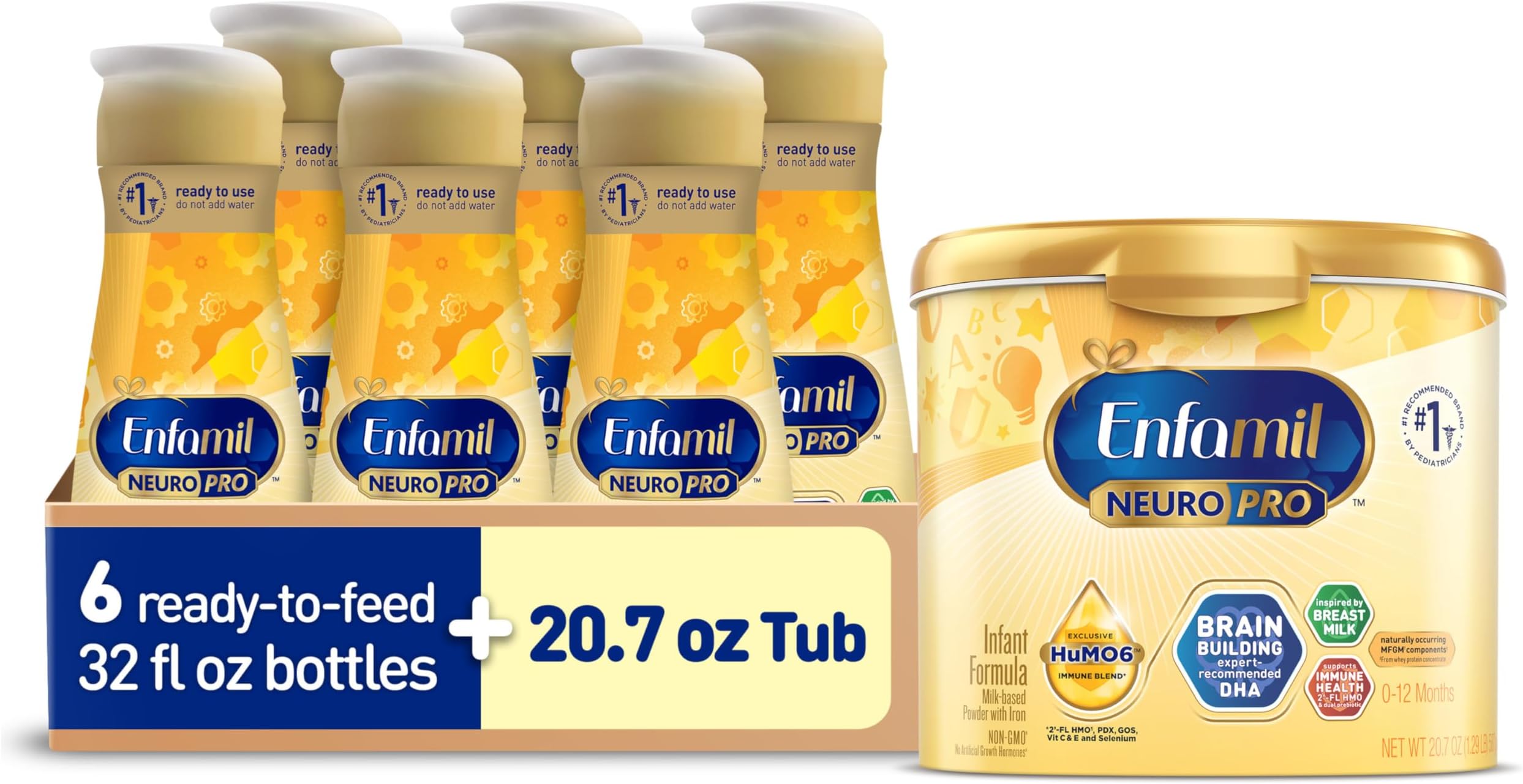 Enfamil NeuroPro Baby Formula, Infant Formula Nutrition, 2'FL HMO, & Omega-3 DHA, Perfect Choice for Baby Milk, Non-GMO, Powder Tub, 20.7 Oz + Ready-to-Feed Infant Formula, Liquid, 32 Fl Oz (6 Count)