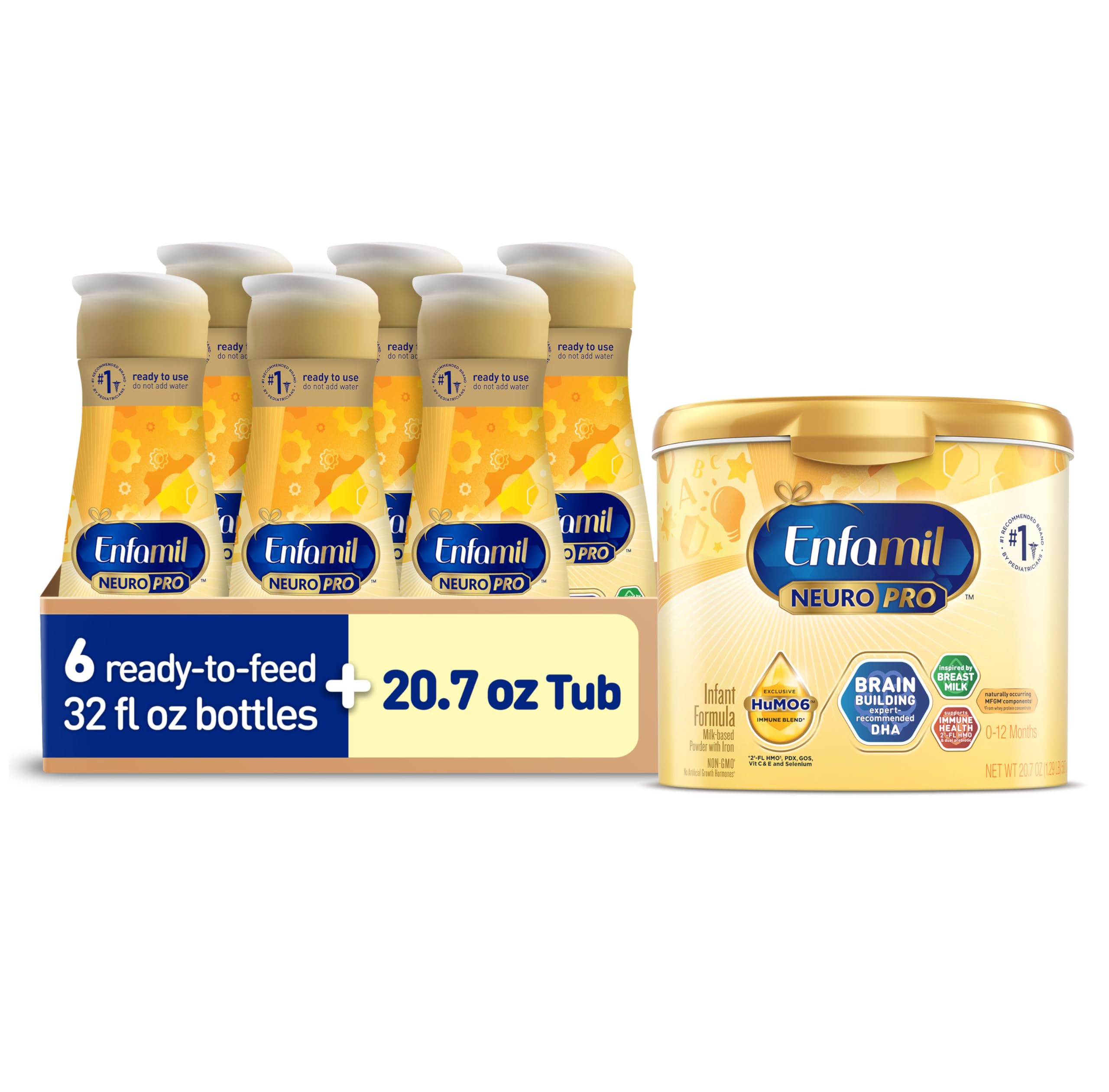 Enfamil NeuroPro Baby Formula, Infant Formula Nutrition, 2'FL HMO, & Omega-3 DHA, Perfect Choice for Baby Milk, Non-GMO, Powder Tub, 20.7 Oz + Ready-to-Feed Infant Formula, Liquid, 32 Fl Oz (6 Count)