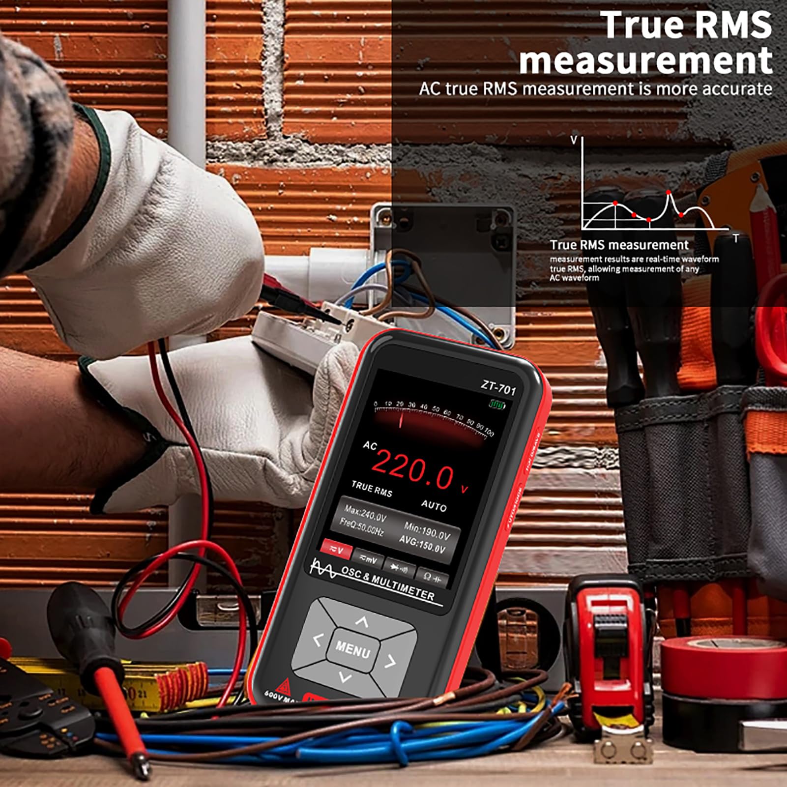 Denash Multímetro Digital Inteligente, 1 Canal 5mhz 48MS S 300V MAX USB CONEXIÓN, AC DC 600V RMS RMS RMS Hold, Análisis de Forma de Onda, Ahorro de Datos, Pantalla IPS de 3.2 Pulgadas (ZT-701)