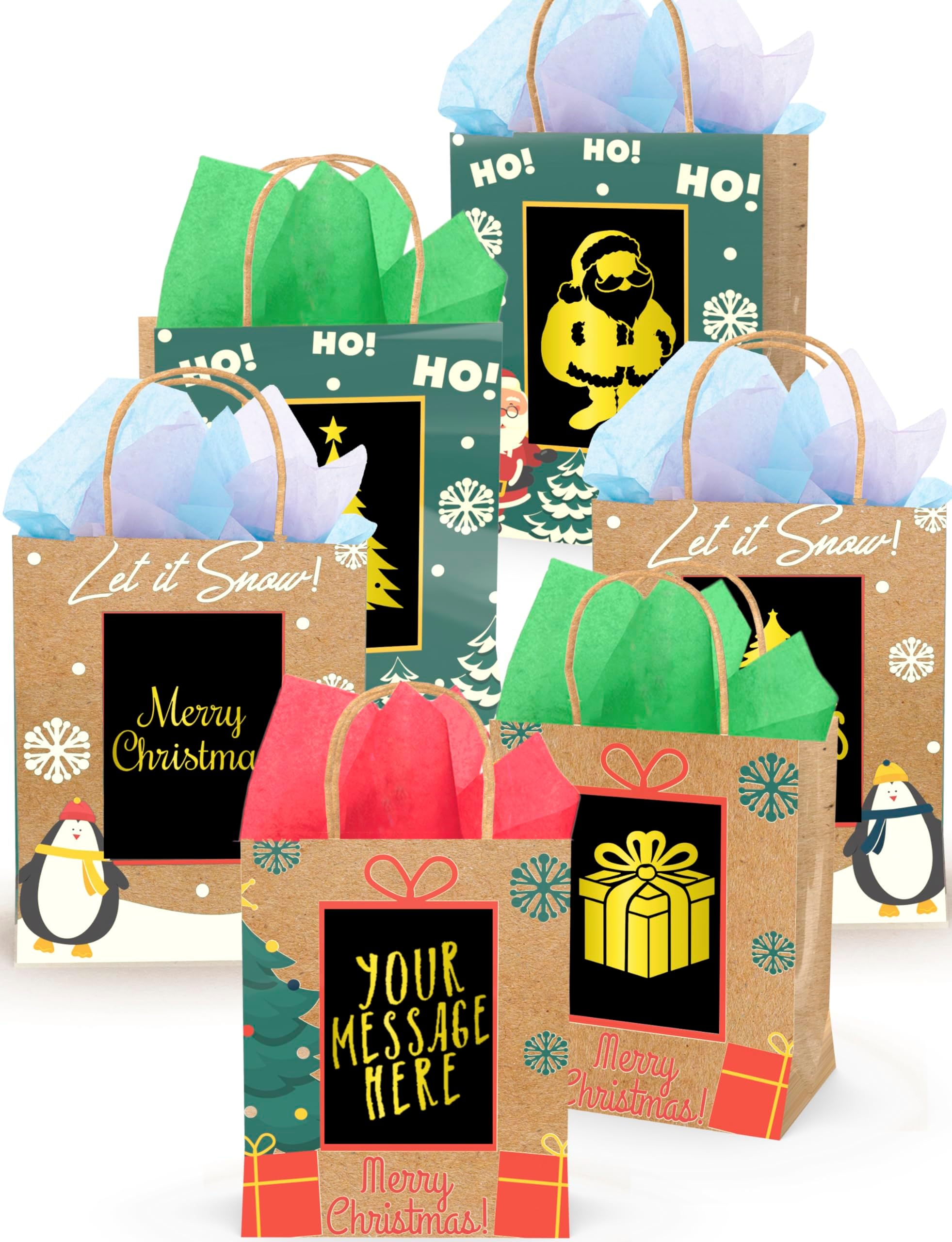 PURPLE LADYBUG Personalized Christmas Gift Bags - 6 Cool Kraft Bags with Tissue Paper, Holiday Bags in 3 Unique Medium Sizes for Presents