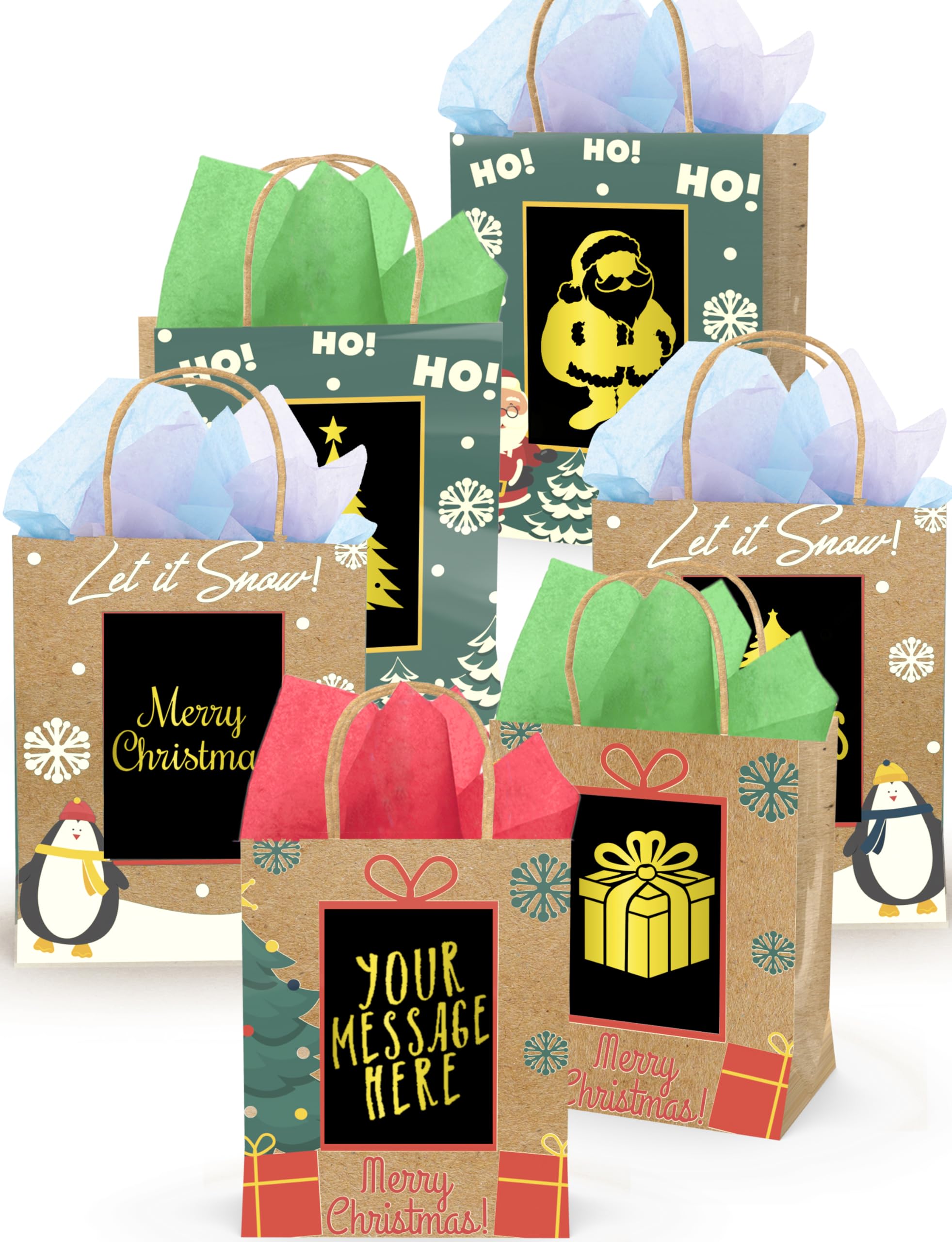 6 Brown Christmas Gift Bags Medium Size Bulk, 8" with Scratch Paper Panel for Personalized Messages & Tissue Paper - Small Holiday Bags for Gifts, Secret Santa Holiday Gift Bags with Handle