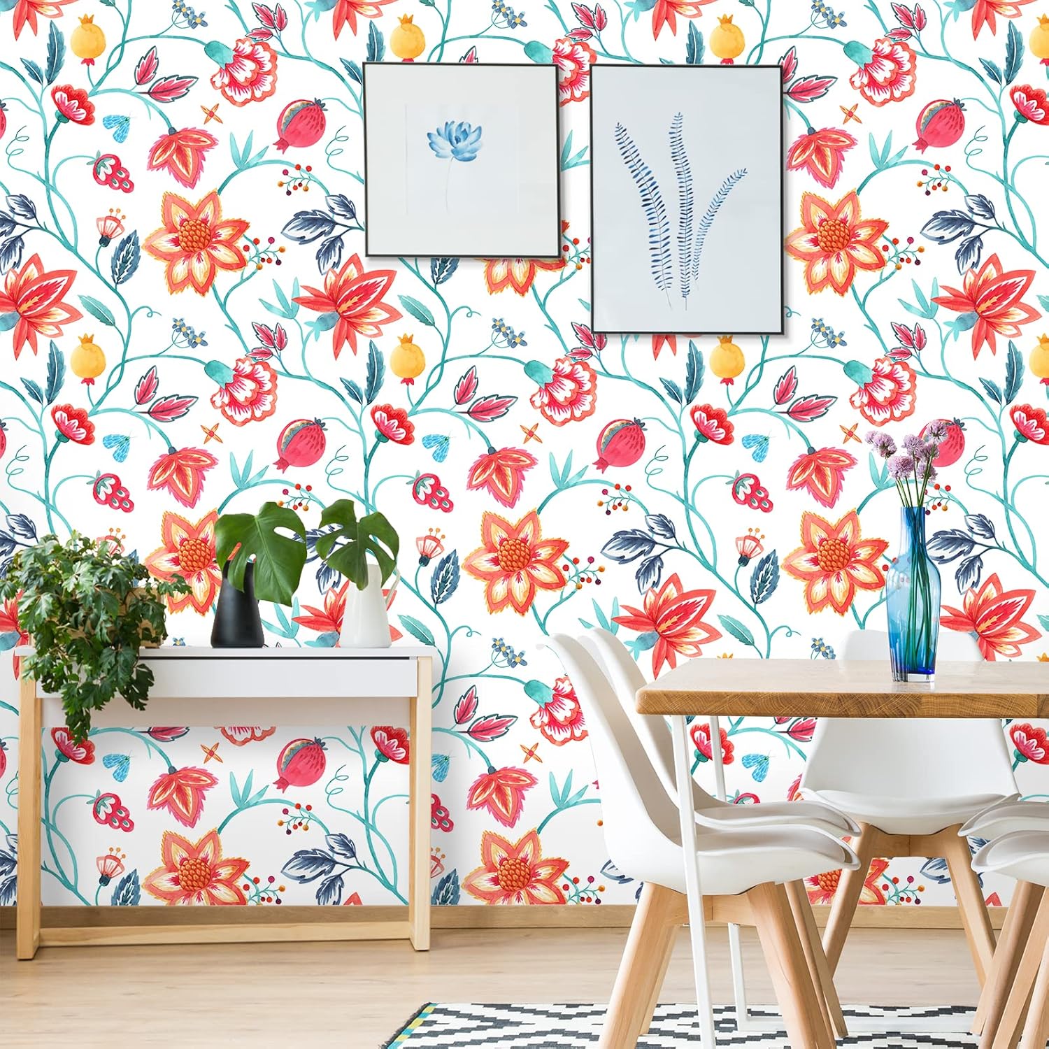 VaryStyle 17.7"x393" Orange and Red Floral Peel and Stick Wallpaper Blue Leaf Colorful Flower Contact Paper Self Adhesive Waterproof Removable Wall Paper for Home Decor Bedroom Bathroom Cabinets