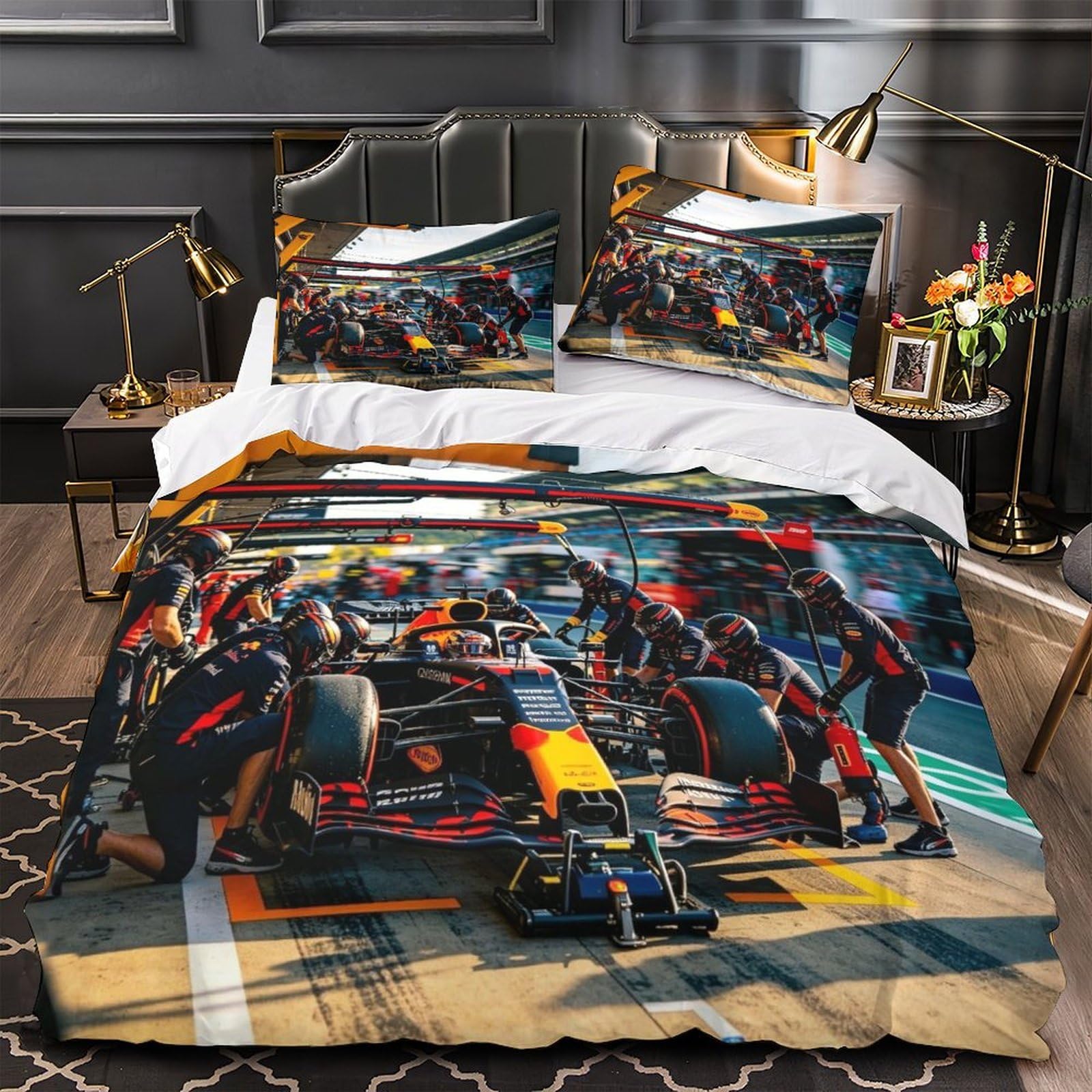 3U6C4M9K Warmth Formulaa Racing Quilt Cover Set Super King（260x220cm）, Light Duvet Cover with Pillowcases Pit Stop Bedding Set Soft Microfiber Comforter