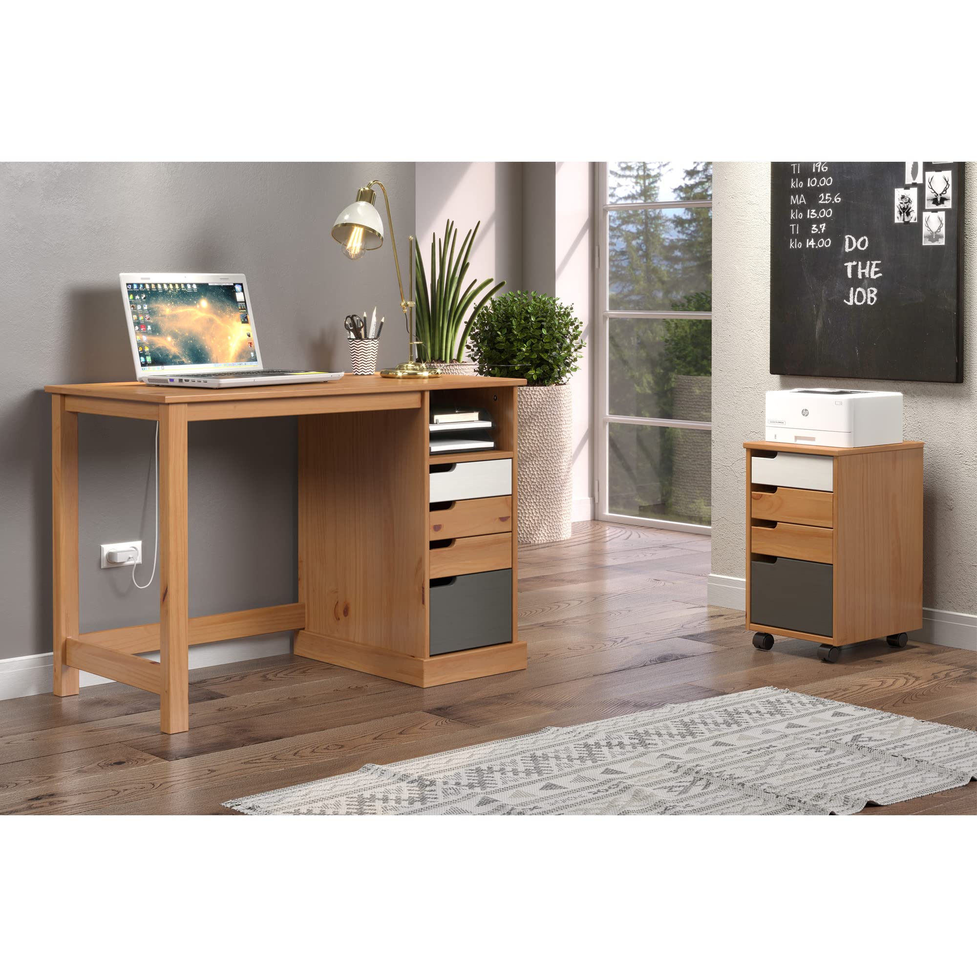 Inter-Furn 2044521B9 Rollcontainer, Kiefer Weiß/Grau/Honig, 32 x 56 x 38 cm