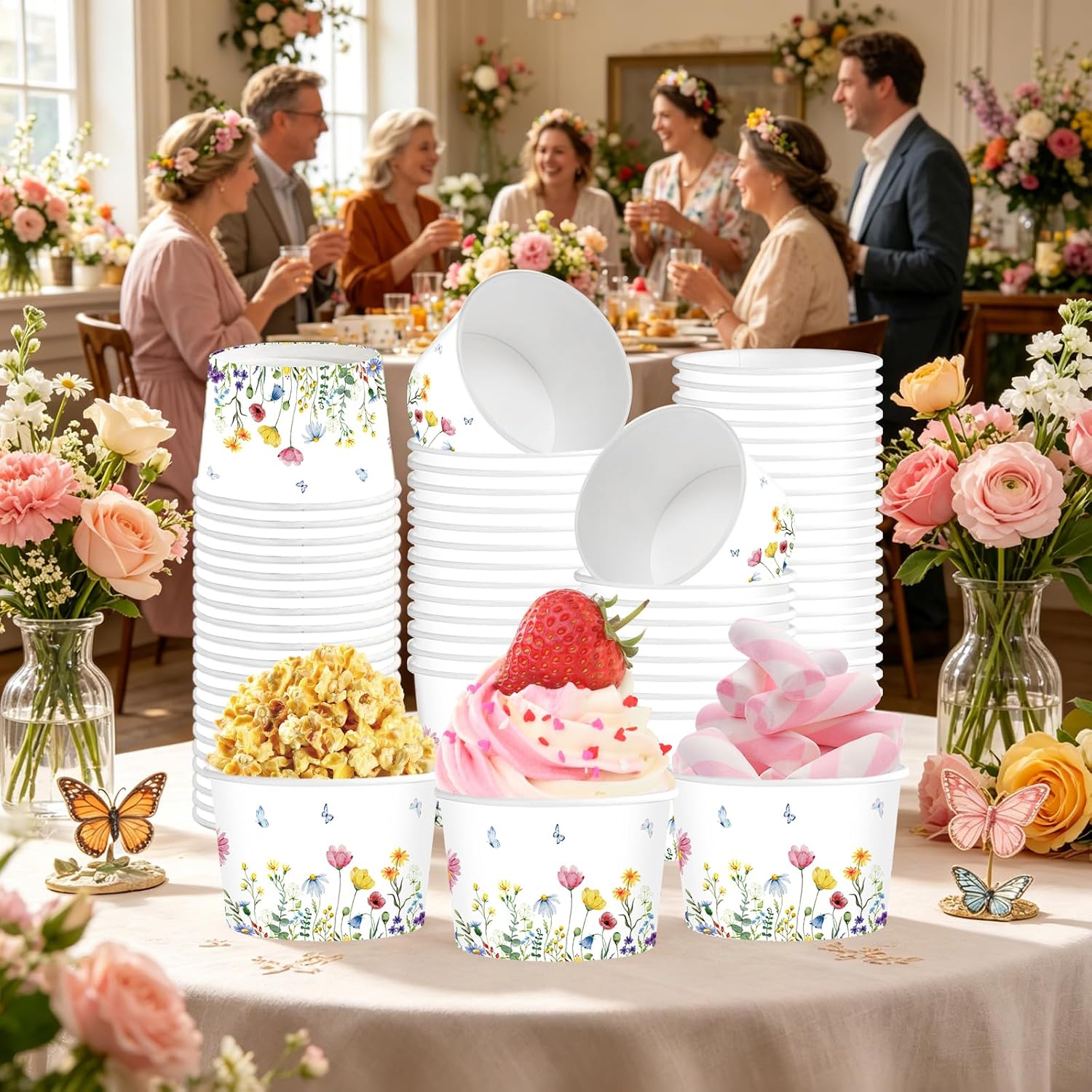 120 Pcs Spring Wildflower Ice Cream Cups 12 oz Disposable Floral Paper Dessert Snack Bowls Flower Cup Containers for Hot or Cold Food Soup Candies Wedding Baby Shower Birthday Tea Party Supplies