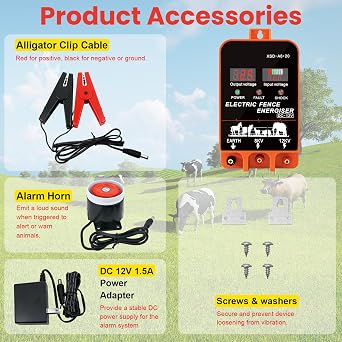 5.5J Electric Fence Charger Energizer, 5.5 Joules 10 Miles, AC DC 2 in 1 Power, Input 12V Output 8KV or 12KV, Display and Alarm, Including Cow and Livestock, No Remote Control