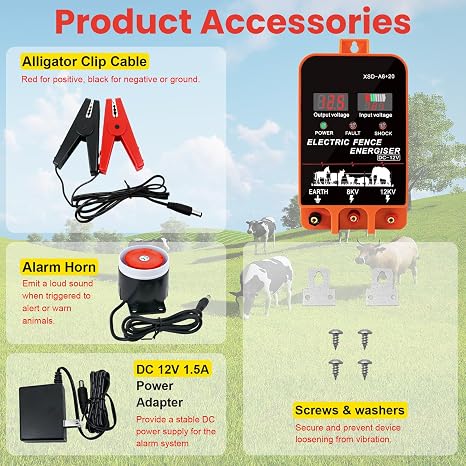 5.5J Electric Fence Charger Energizer, 5.5 Joules 10 Miles, AC DC 2 in 1 Power, Input 12V Output 8KV or 12KV, Display and Alarm, Including Cow and Livestock, No Remote Control