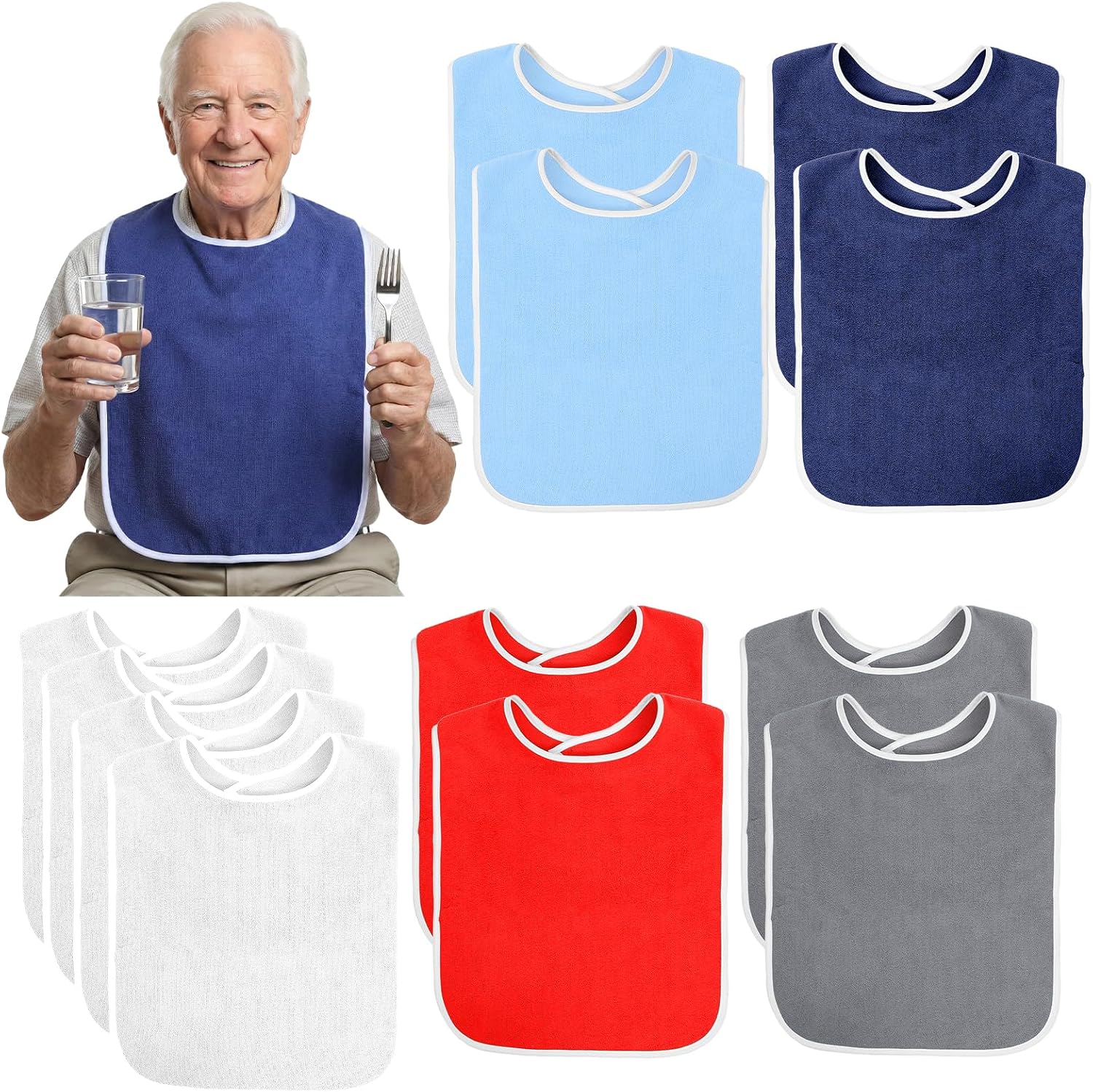 12 Pcs Adult Bibs Washable Clothing Protector, Adjustable Eating Cloth for Elderly Seniors & Adult, Large Terry Towel Feeding Bibs (Multicolor)