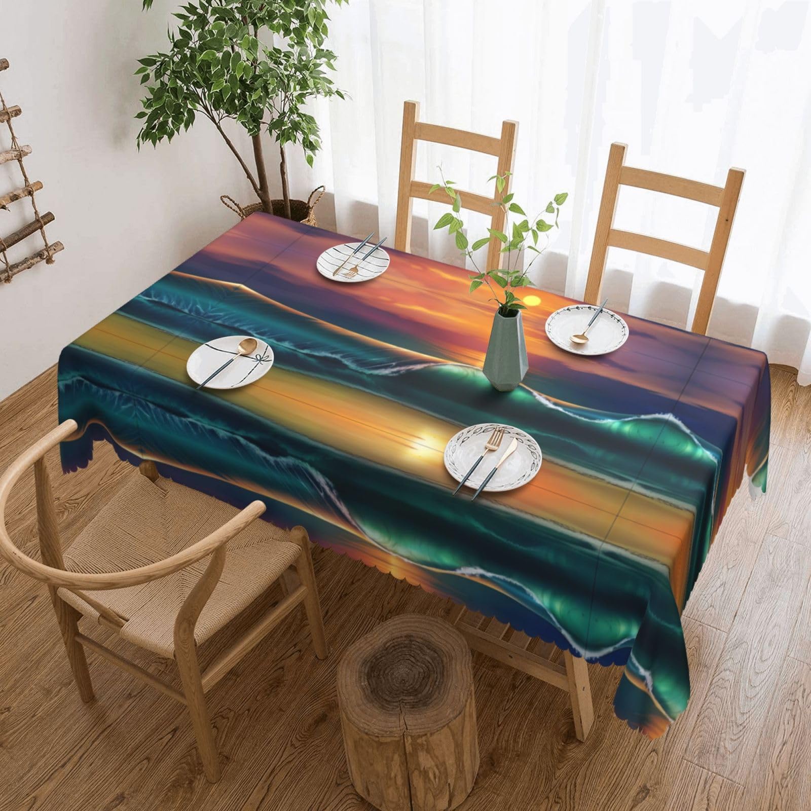 QAZWZML Sunset Seaside Printed tablecloth, made of thick polyester with lace trim, suitable for dining rooms, picnics, and weddings