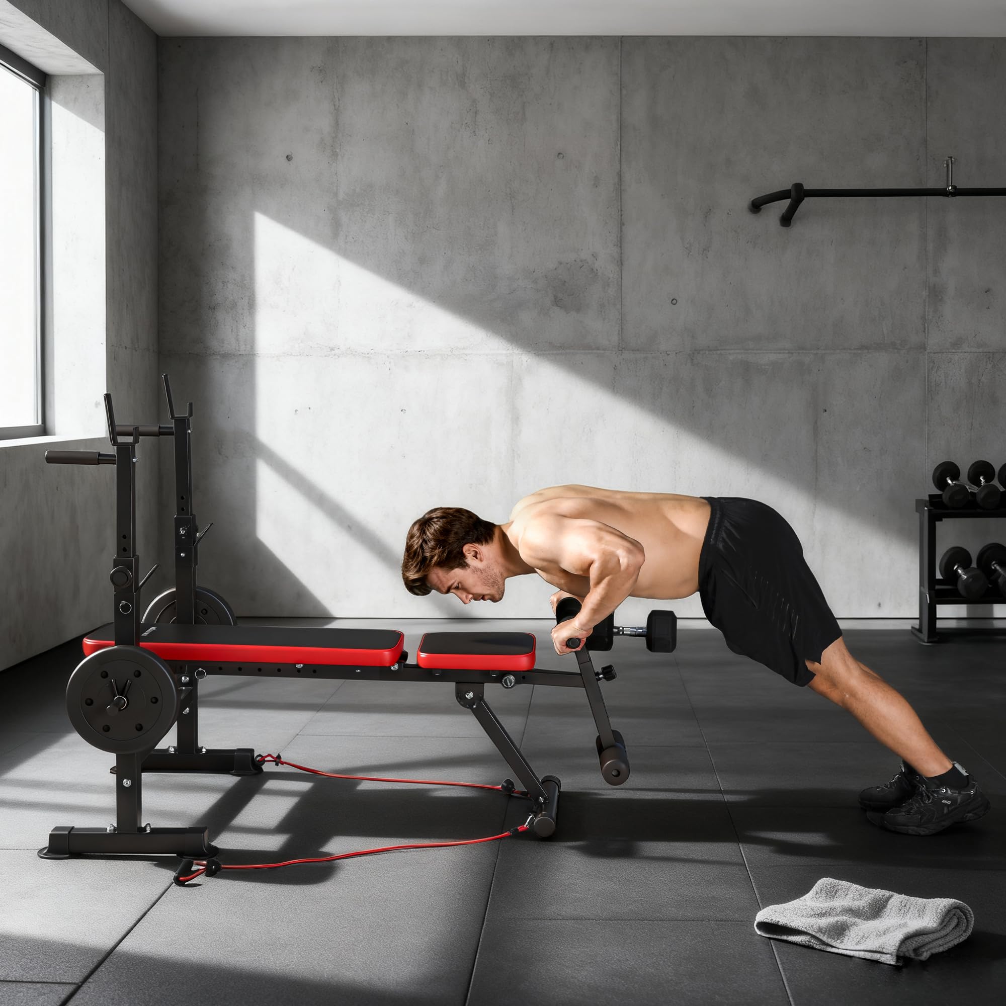SPORTNOW Banc de Musculation Complet Multifonction avec Dossier Réglable, Repose-Jambes, Sangles d'Entraînement et Support de Poids, Banc Développer Couché à Plat ou Incliné, Entraînement Fitness