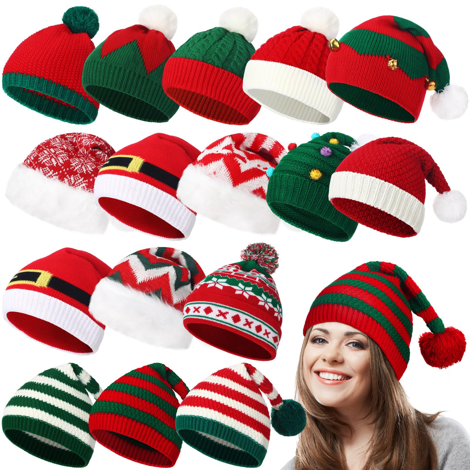 Liitrsh 16 Stück Weihnachtsmütze, gestrickt, Elfenmütze, Weihnachtsmannmütze, gehäkelt, Beanies, Mütze, Faden, gestreift, Urlaub mit Pompon, für Erwachsene, Teenager, Männer, Frauen, Unisex, Rot, Grün