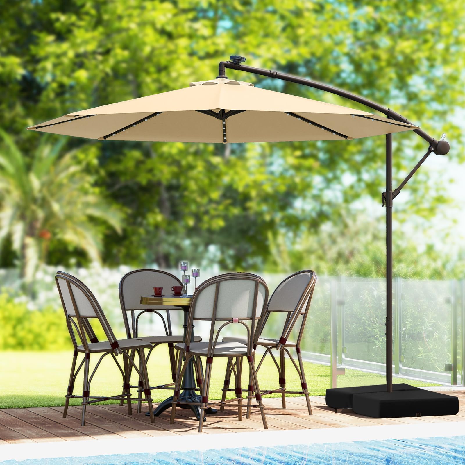 COSTWAY Ombrellone da Giardino 300 cm, Luci LED Solari, Anti-UV, Inclinazione Regolabile, Manovella, Beige