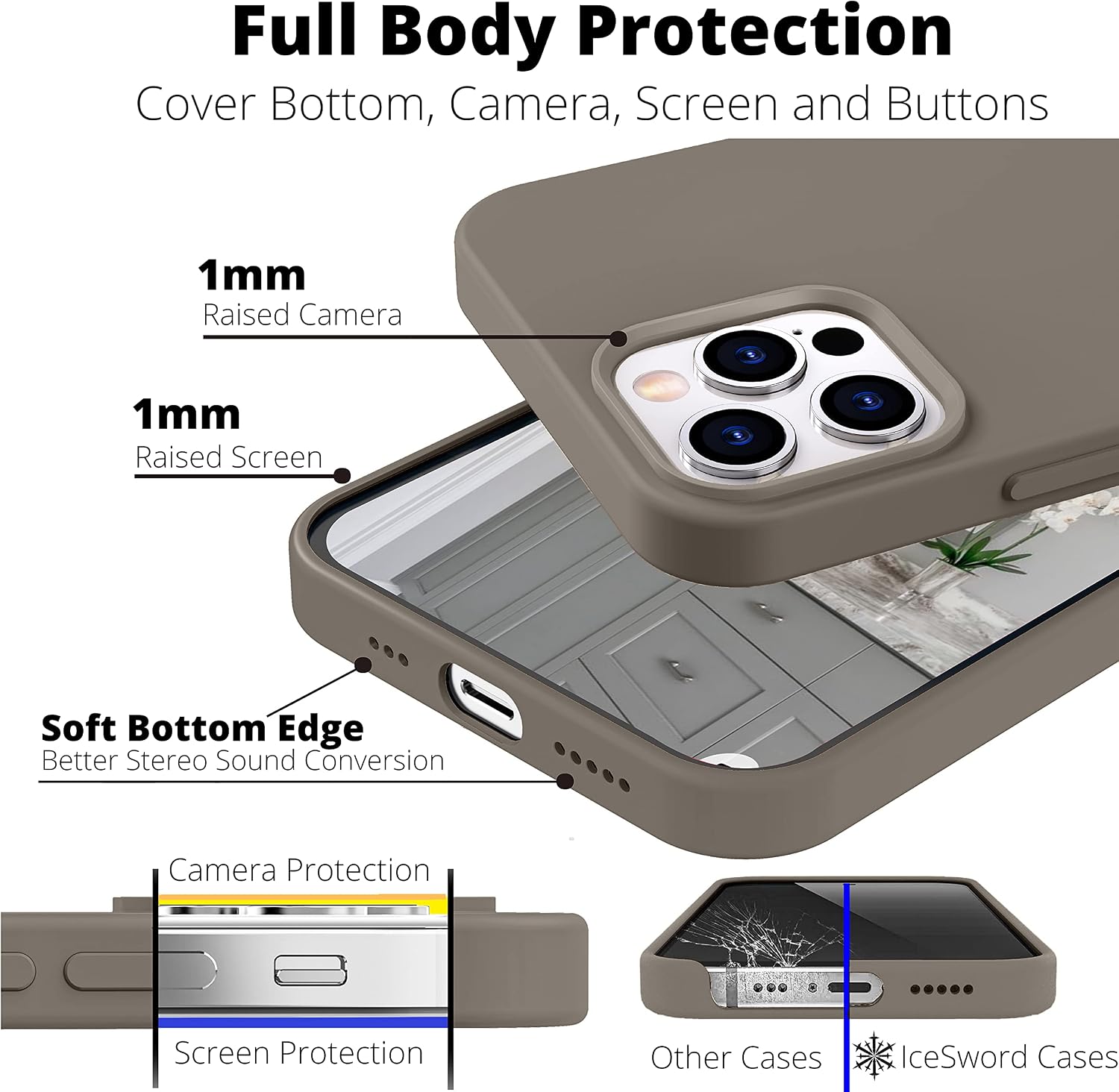 IceSword iPhone 12 Pro Max Case Deep Stone, Liquid Silicone Slim Drop Protective, Shockproof Phone Case Cover, Soft Anti-Scratch Microfiber Lining, Matte Deep Beige Warm Gray 6.7 inch 12PM- Deep Stone