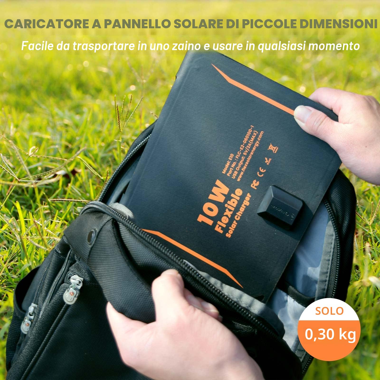 FlexSolar Caricatore portatile per pannello solare da 10 W (5,5 V/1,9 A max), pannello solare pieghevole impermeabile IP67 con porta USB compatibile con iPhone Xs/X/8/7, iPad, Samsung per campeggio
