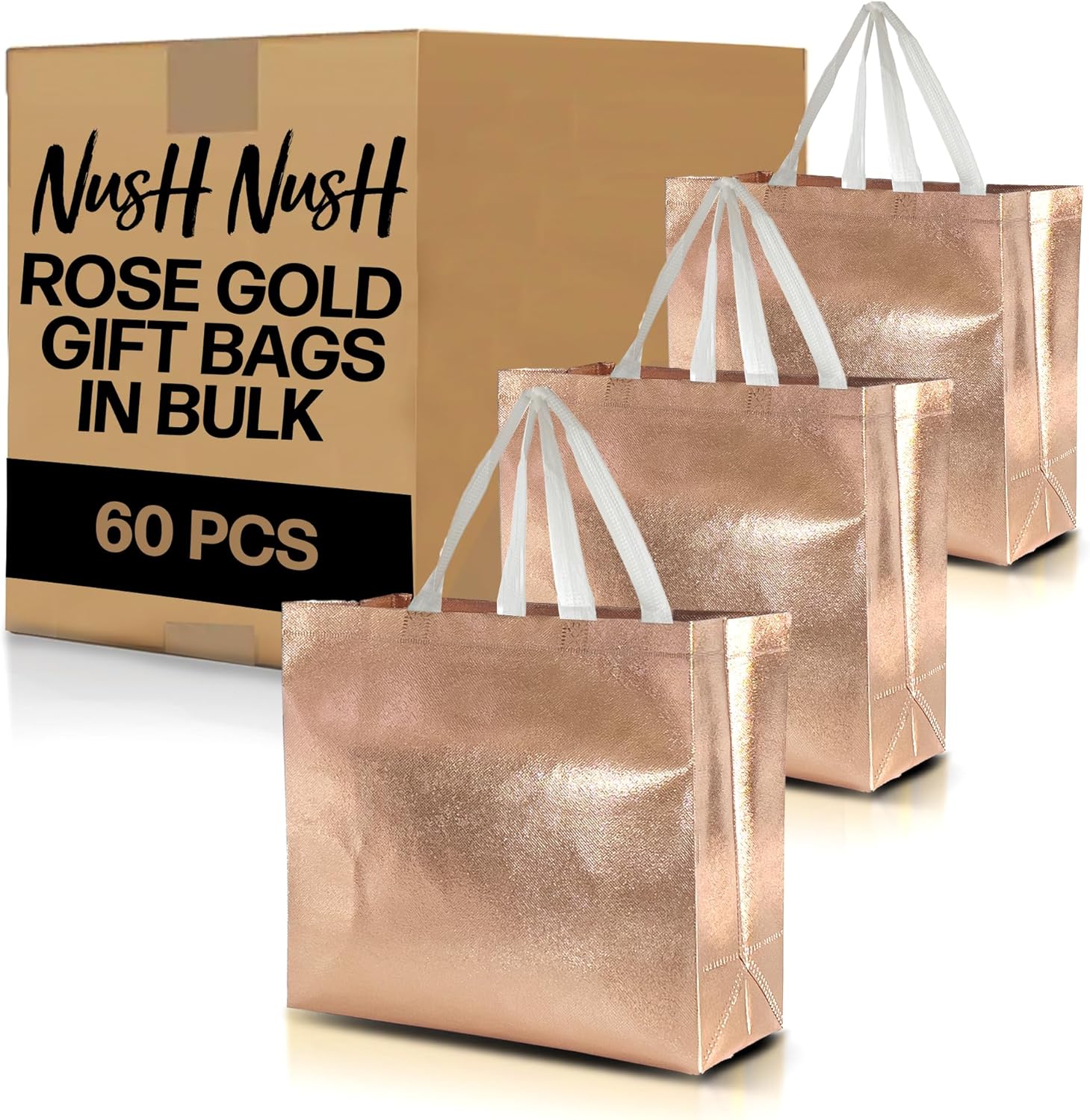 Nush Nush 60-pack Rose Gold Gift Bags with White Handles
