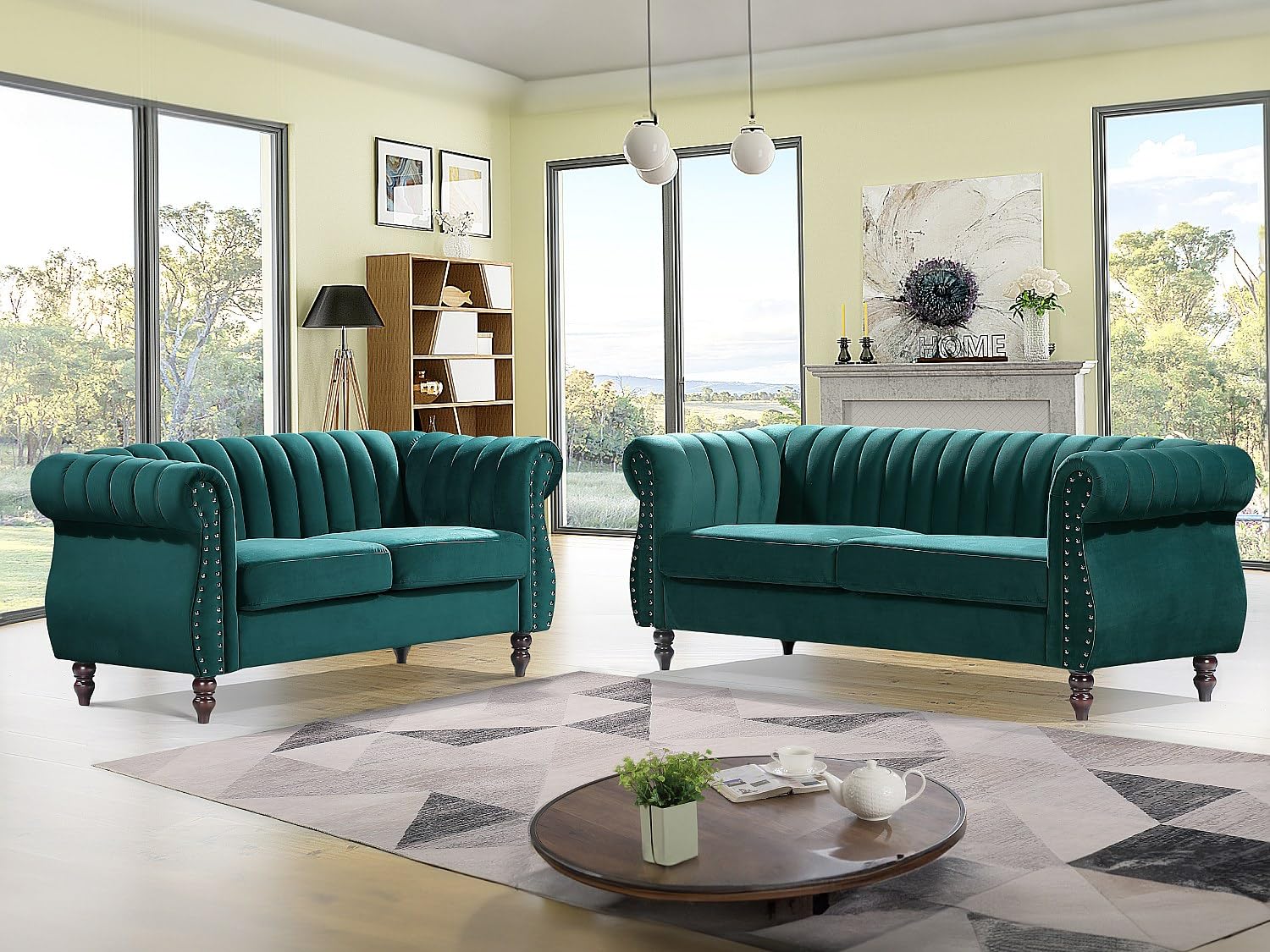 Vente-unique - Canapés Chesterfield 3 Places et 2 Places en Velours Vert émeraude Trumbo