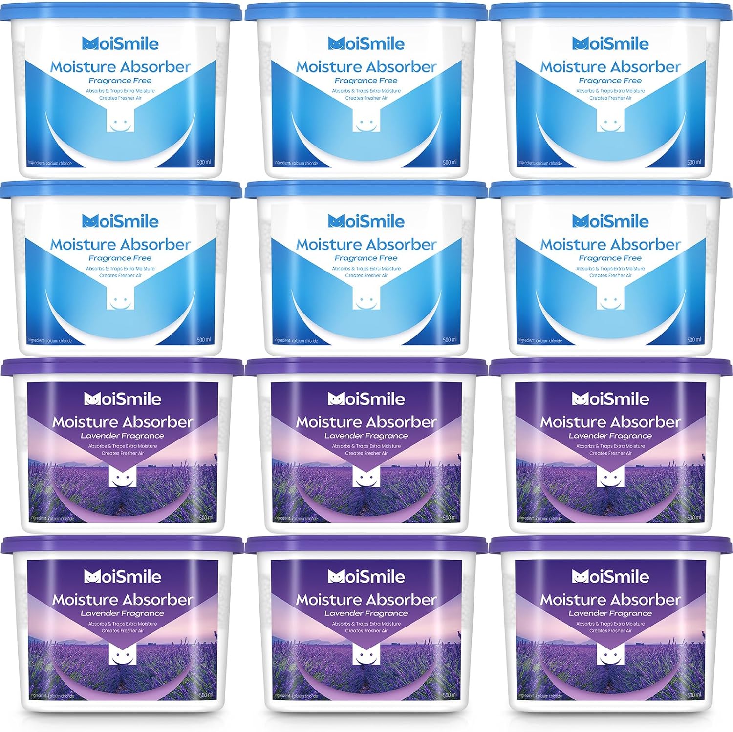 Moisture Absorbers Bundle, 12 Pack – Fragrance-Free + Lavender Closet Dehumidifier for Bathroom, Car & Basement, 10.5 oz Humidity Absorber Boxes