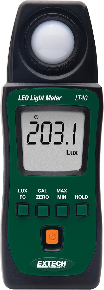 Extech LT40 Medidor de luz LED blanco, Lux y vela de pie, 4000 unidades | LED blanco e iluminación estándar, hasta 400 000 lux (40 000 Fc), 4000 cuentas, MIN/MAX/promedio, apagado automático, 2 AAA